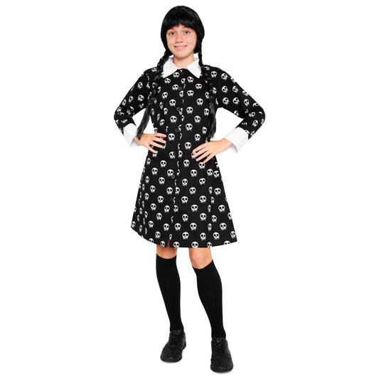 Wednesday Dress for Girls & Teens 7-16 Years, Halloween Dress with Long Sleeves & Peter Pan Collar, Halloween Costume Girls (Black AOP, 11-12 Years)