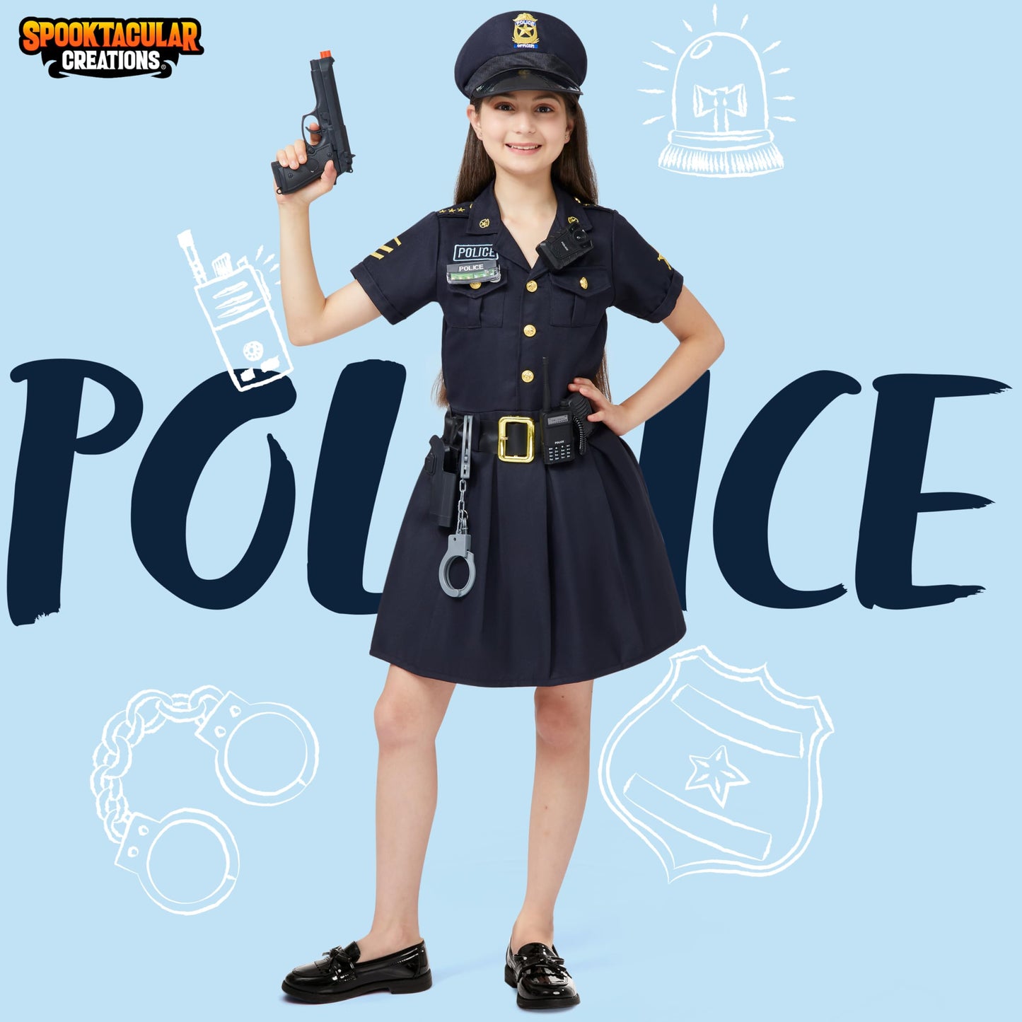 Spooktacular Creations Girls Police Officer Costume With Accessories - Kids Role Play Halloween Dress Up Party, Carnival Cosplay (Small, Black)
