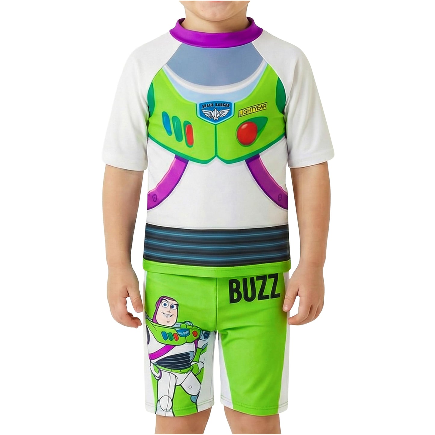 Toy Story Buzz Lightyear Boys Swimsuit Set, 2 Pcs Swimming Costume Swim Shorts & Rash Vest, Pool Beach Holiday Essentials (5-6 Years, White/Green Buzz)