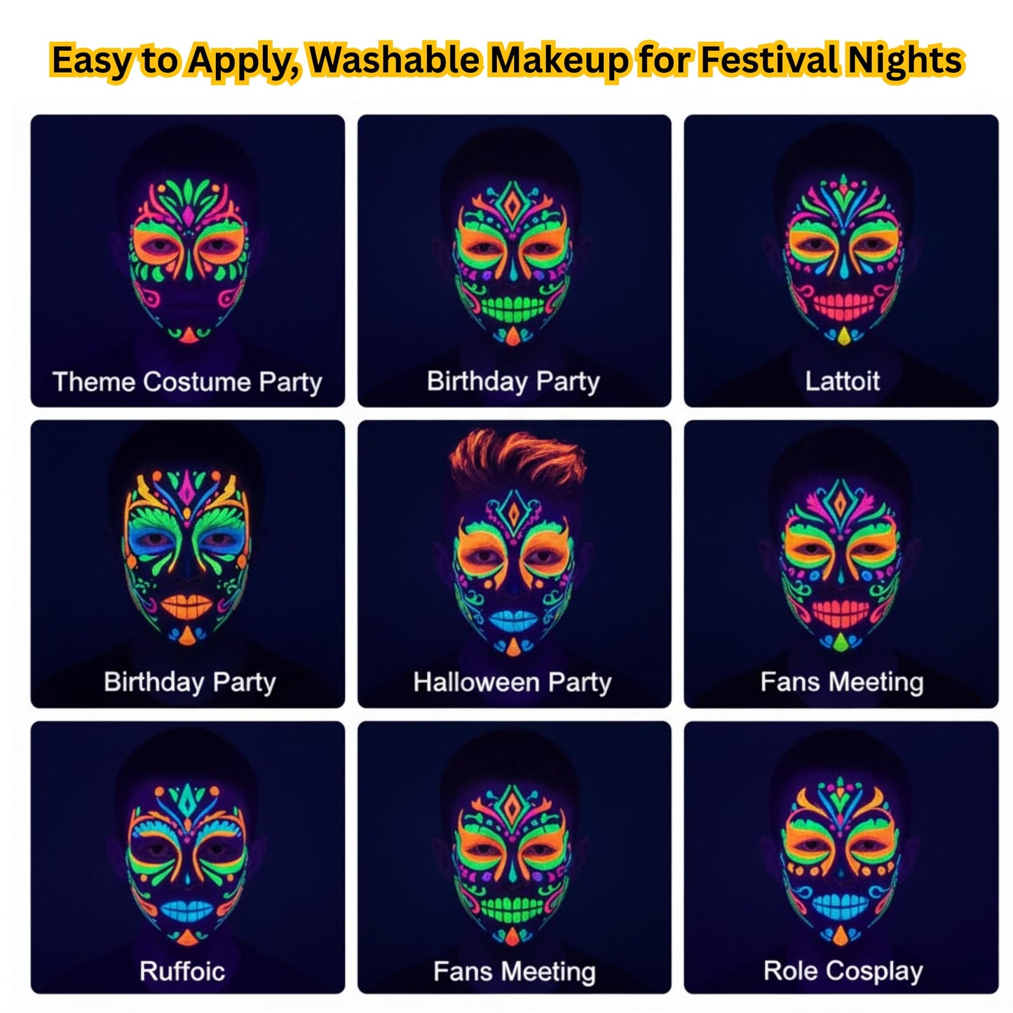 15 Colors Neon Face Paint Kit for Kids & Adults – UV Glow Body & Face Painting Set with Brushes & Stencils | Non-Toxic, Quick Dry, Easy to Wash, Long-Lasting Party Makeup