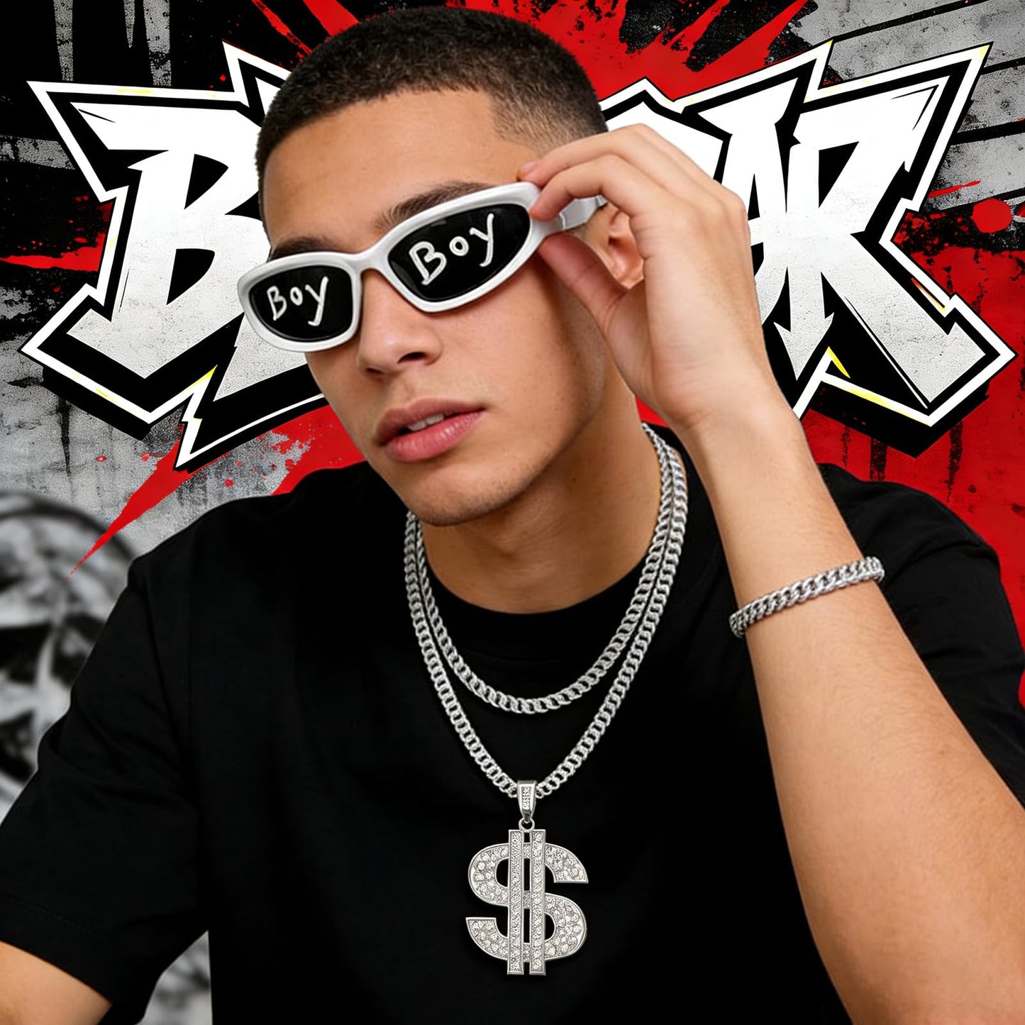 DONGZQAN 8PCS Soulja Boy Hip Hop Costume, 2000s Rapper Chain Costume, Gold Chain Dollar, 90s Fancy Dress Men, Hip Hop Costume, Hip Hop Ring, Hippie Glasses For Hippie Rapper Disco Outfit