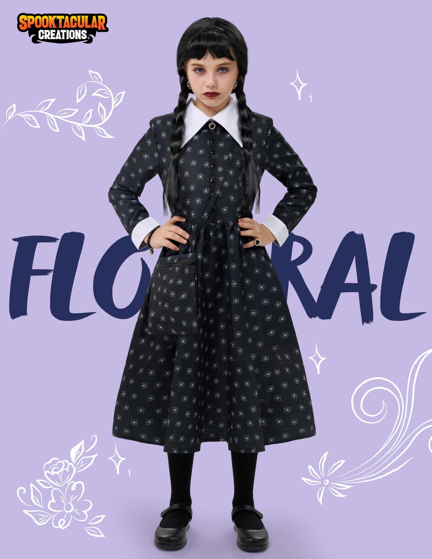 Spooktacular Creations Girls Halloween Black Costume, Black Floral Print Dress with Wig and Stocks for Girls Kids Halloween Dress Up and Role-Playing(Small(5-7 yrs))