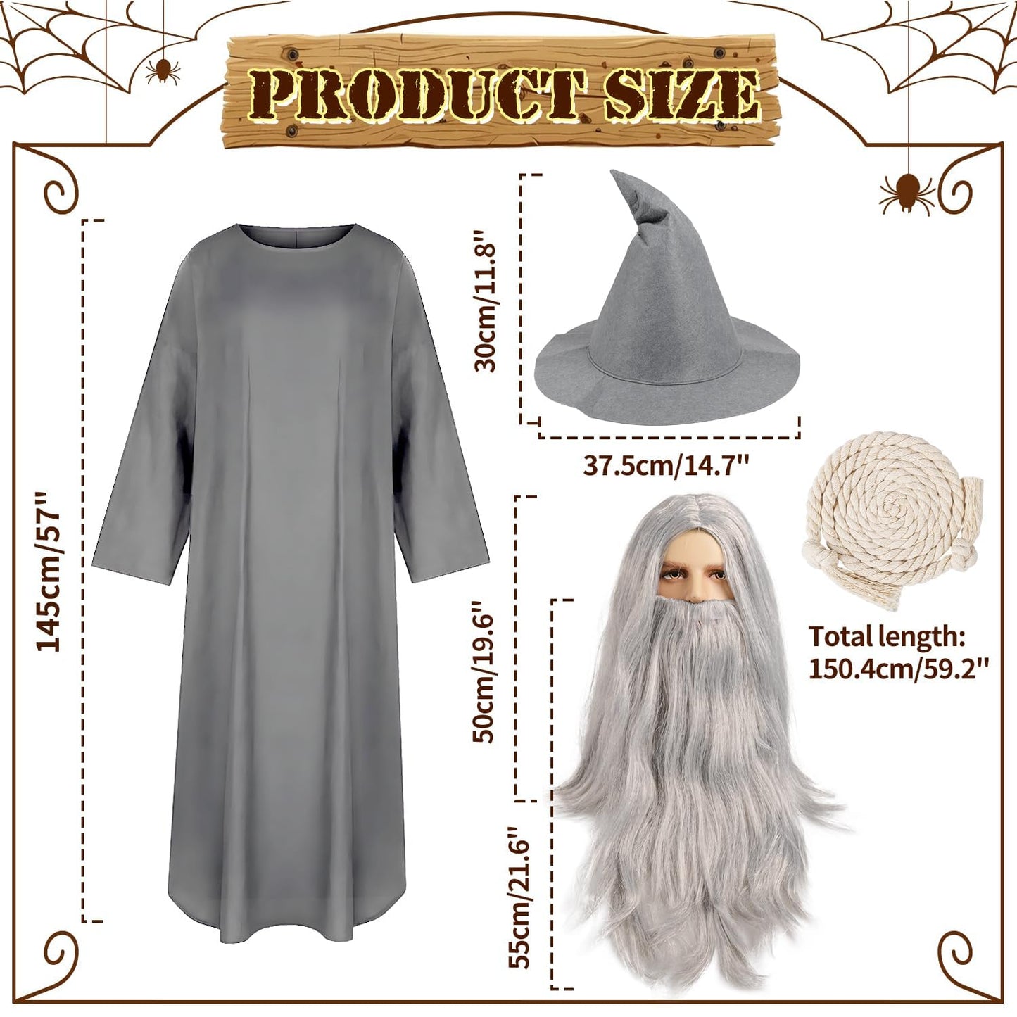 iZoeL World Book Day Costume Adult Teen Gray Wizard Costume Classic Old Wizard Outfit Book Character Dress-Up for Teacher Fancy Dress – Long Robe Hat Long Beard Wig Set