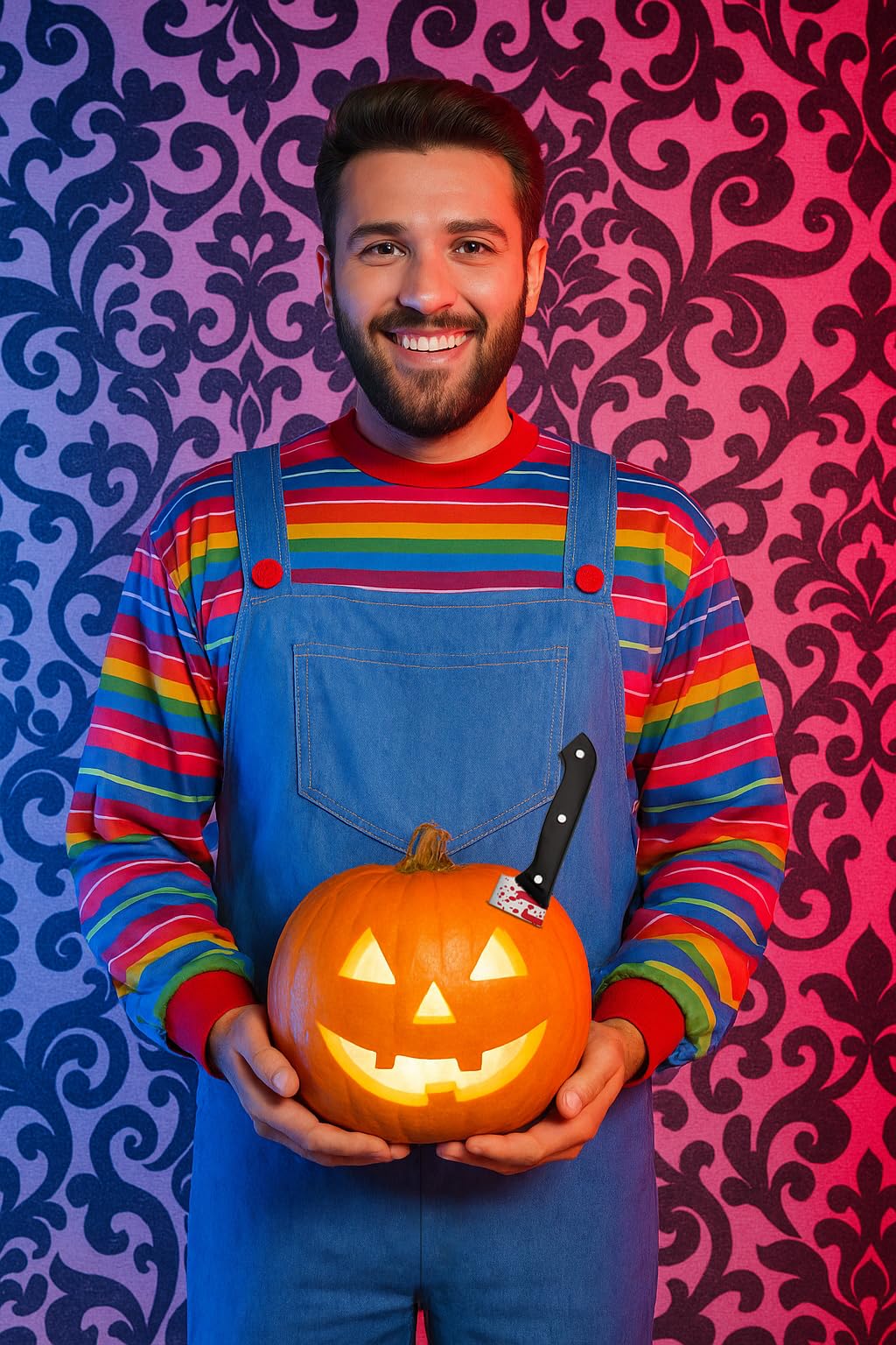 HENBRANDT Adult Killer Doll Costume - Iconic Horror Movie Character Blue Denim Jumpsuit with Multicoloured Striped Sleeves for Halloween Cosplay Fancy Dress Party Unisex One Size
