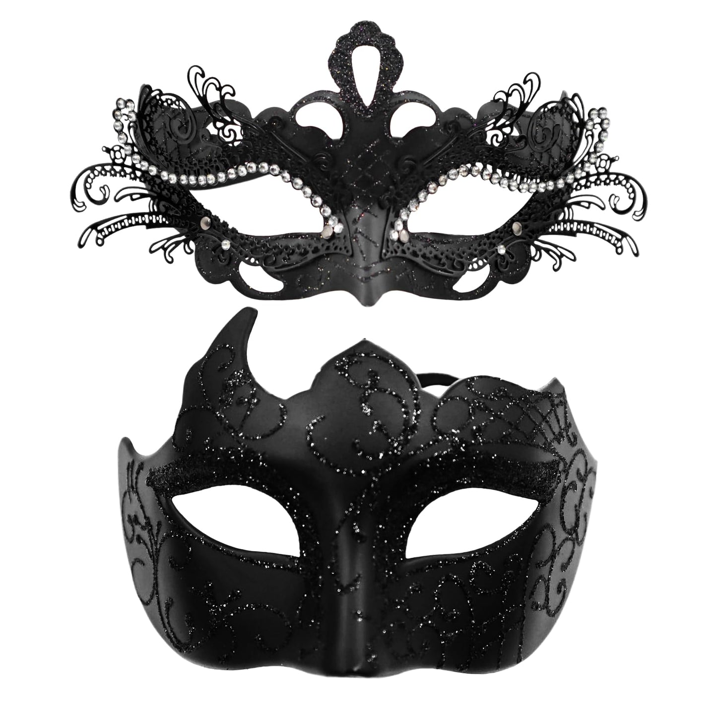 Masquerade Mask Couples Set: Black Rhinestones Metal Cosplay