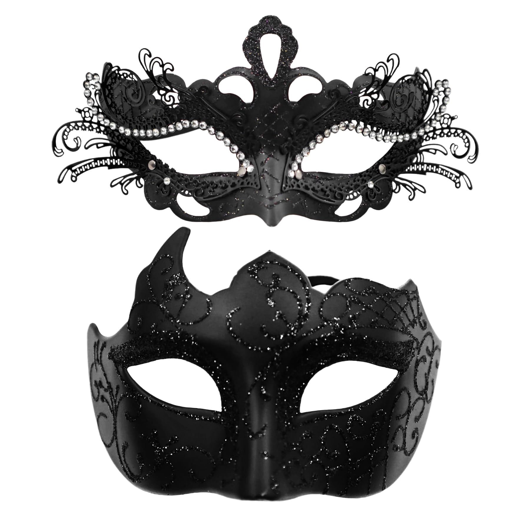 Masquerade Mask Couples Set: Black Rhinestones Metal Cosplay