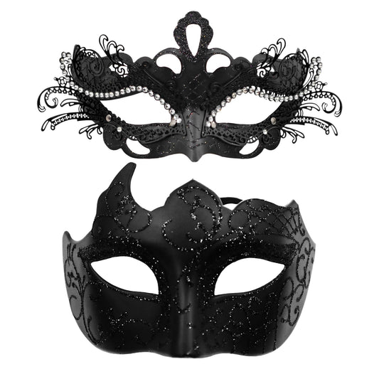 Masquerade Mask Couples Set: Black Rhinestones Metal Cosplay
