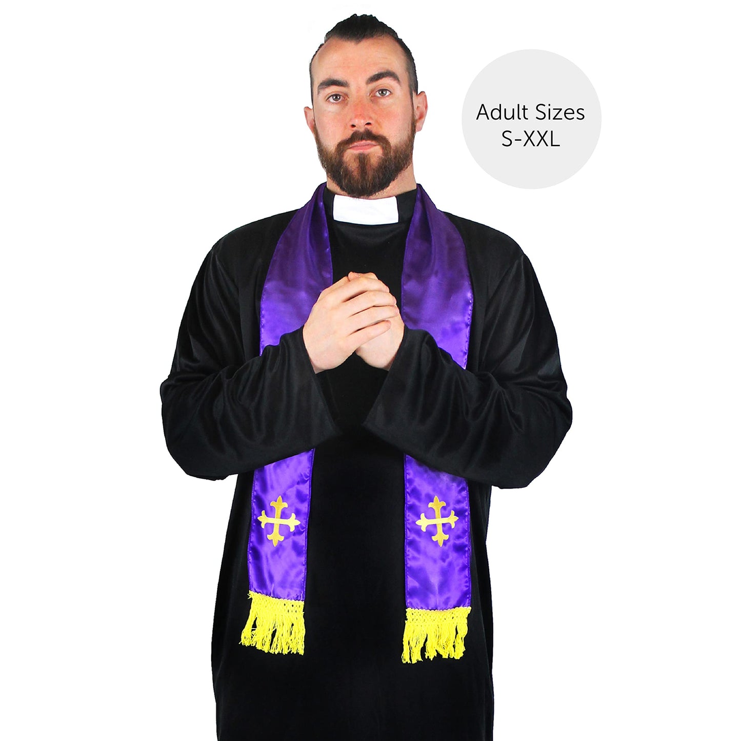 Mens Priest Costume - Small - Black Robe and Purple Clerical Scarf - Adults Halloween Fancy Dress Costume