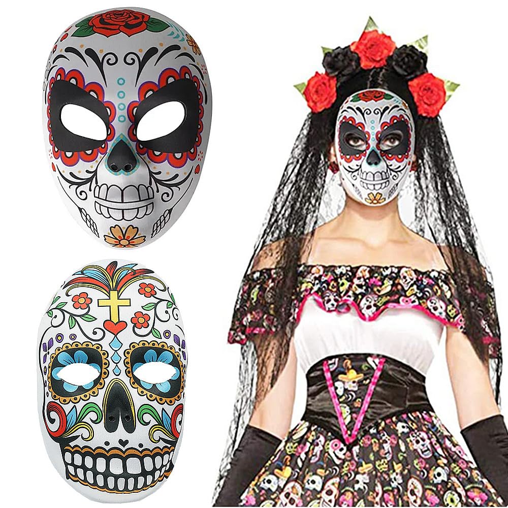 TRIXES 2PC Halloween Sugar Skull Mask Set – Day of the Dead Mask – Mexican Masquerade - Cosplay Costume Party Accessories – Multicoloured Sugar Skull