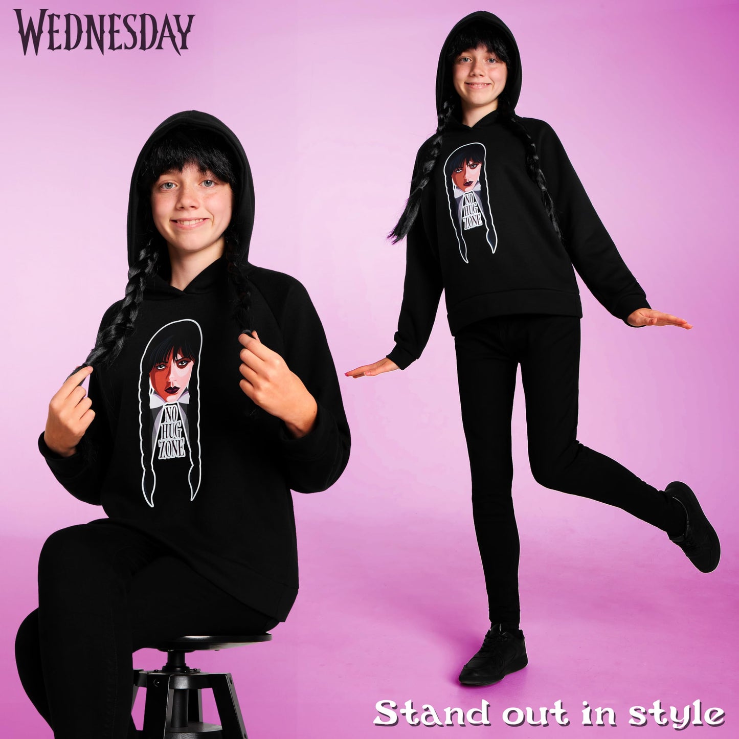 Wednesday Girls Hoodie - Hooded Sweatshirt for Teenagers 7-16 Years Soft Warm Casual Streetwear - Gifts (Black/Hug, 15-16 Years)