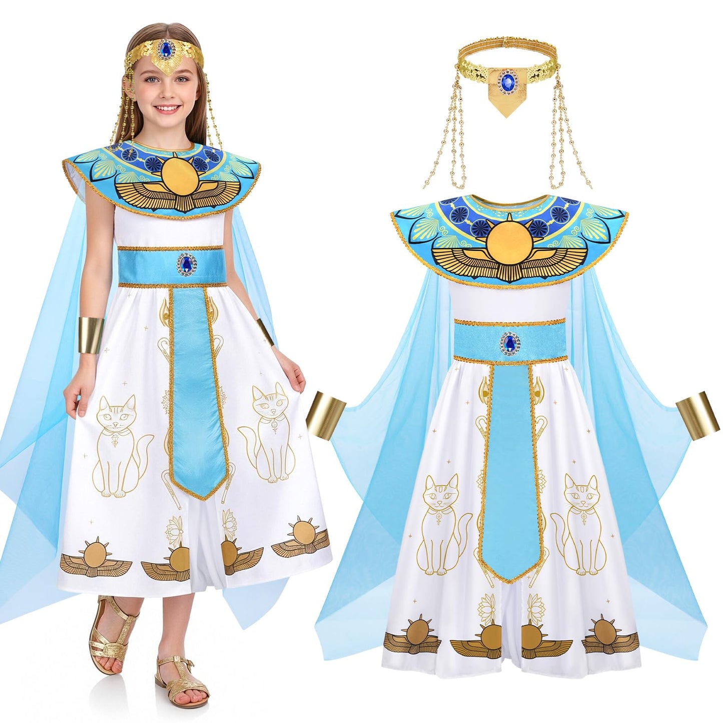 WIKITOT Egyptian Costumes for Girls, Halloween Costumes for Girls Aged 5-13 (M)