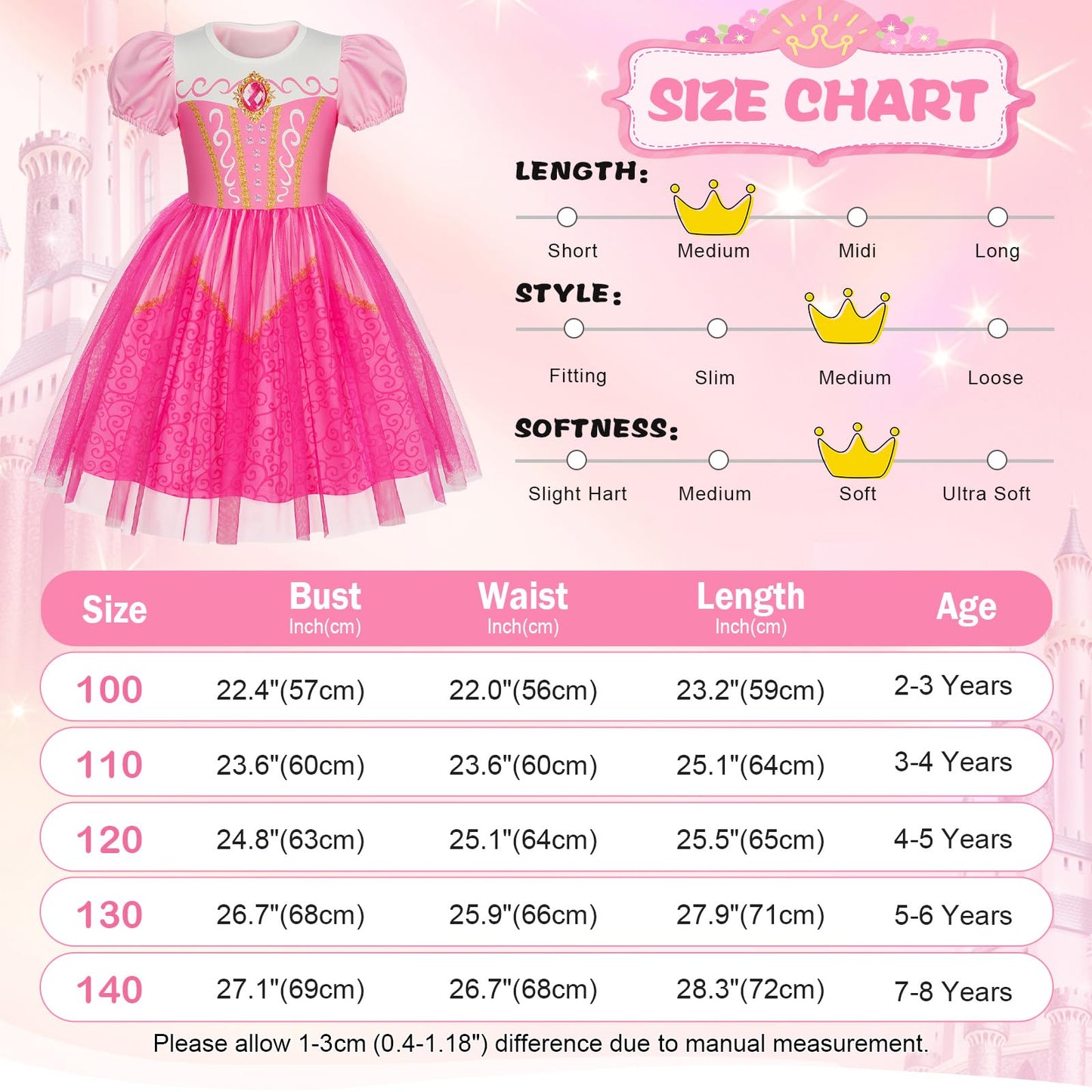Berich Princess Costume with Crown Princess Costumes for Girls Halloween Outfits Christmas Gifts World Book Day Week Pink Dress up for Girls 4-5 Years(Pink,120)