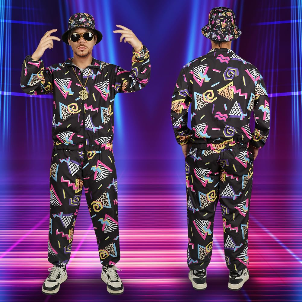 AYBUY 80s 90s Vintage Outfit for Men, 9 Pcs Retro Disco Outfit Set, Hip Hop Costume Outfit with Glasses and Jacket Hat for Disco Theme Party, Halloween, Music Festivals, Masquerade, Carnival (XL)