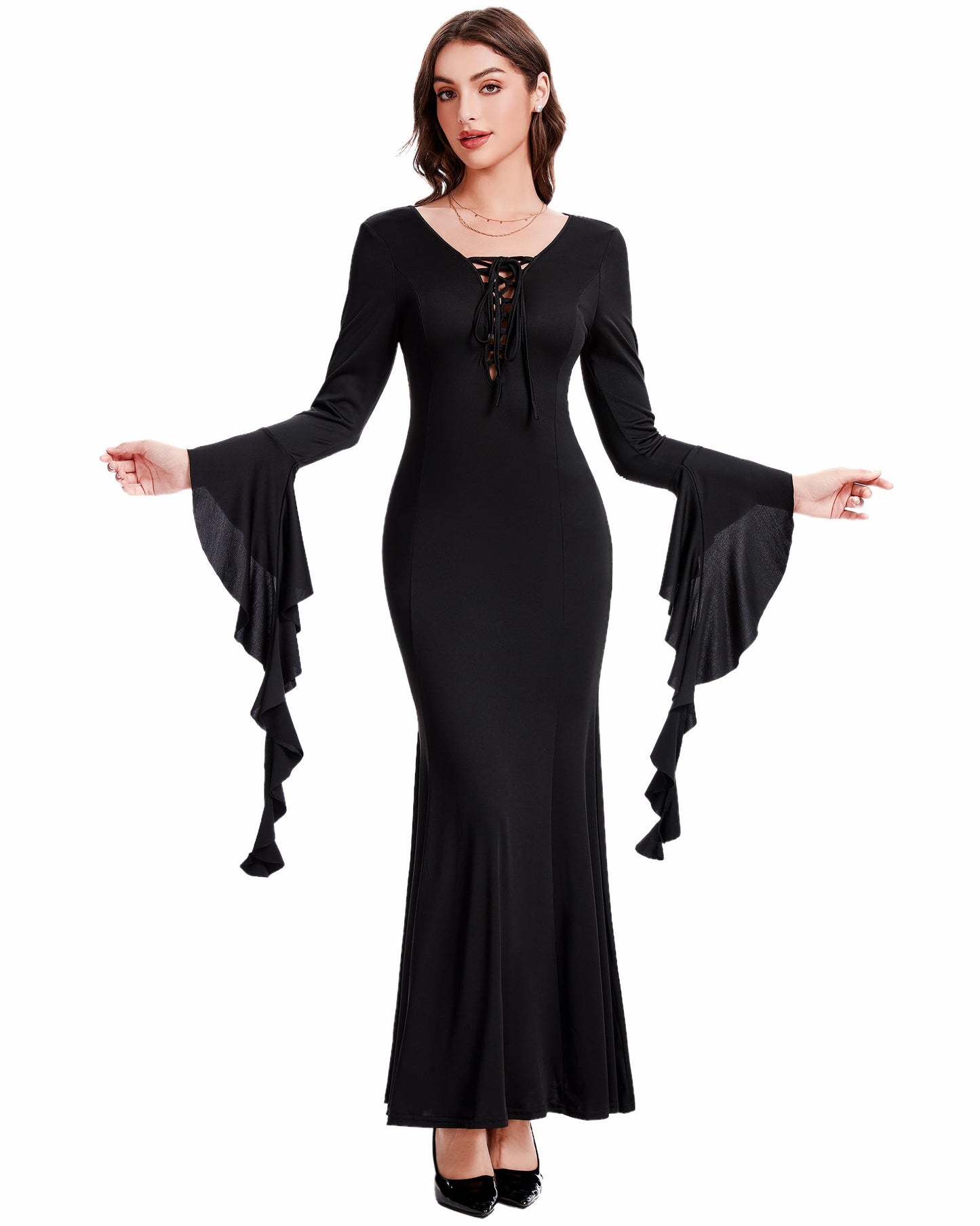 Womens Gothic Maxi Dress Long Sleeve Black Witch Costume Lace Up