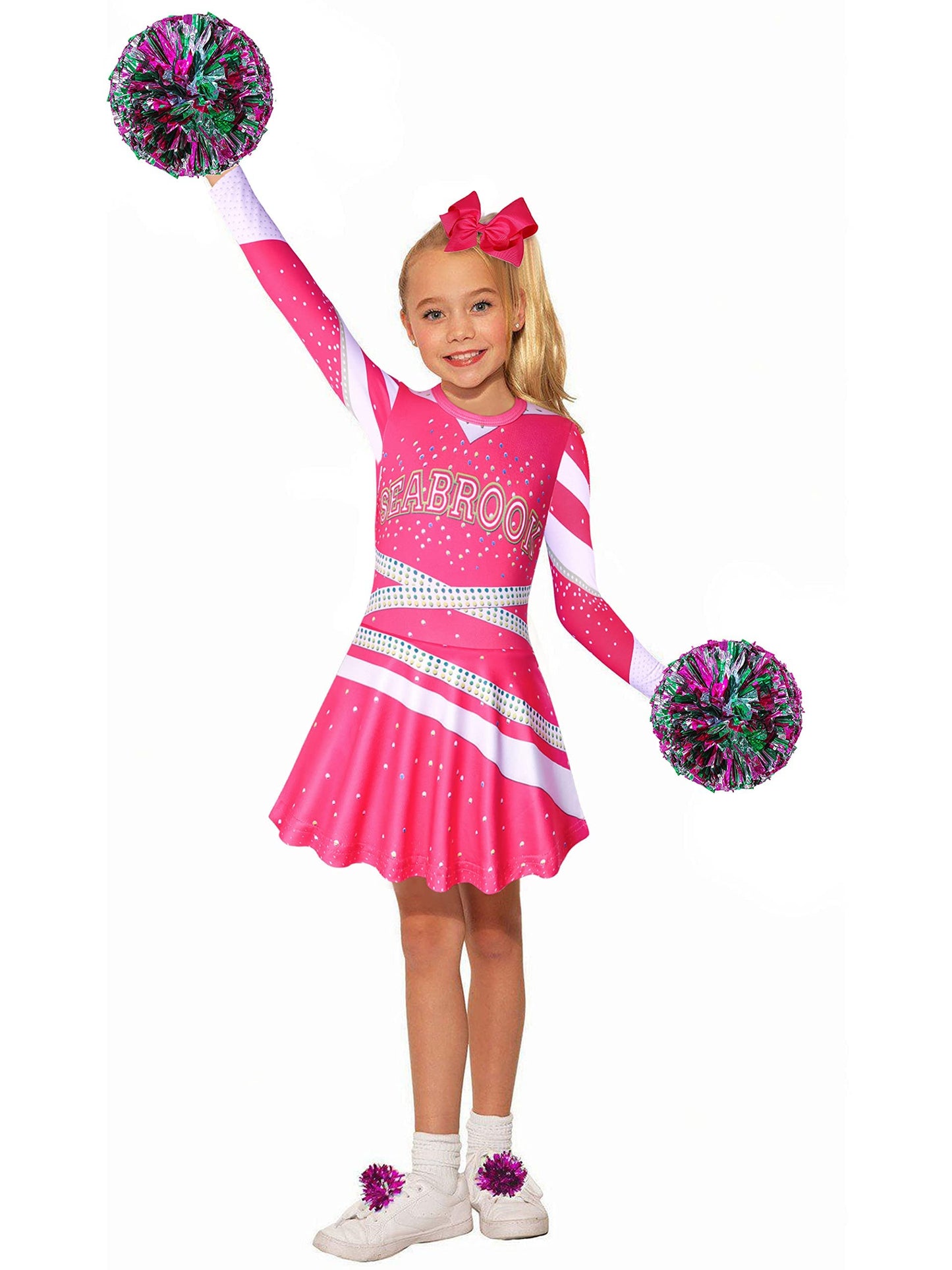 Lspoer Zombies 3 Costume Girls Halloween Costume Girls Dresses with Poms Poms Cheerleader Costume for Girls Party Dress up Fancy Pink Dress for 5-6 Years