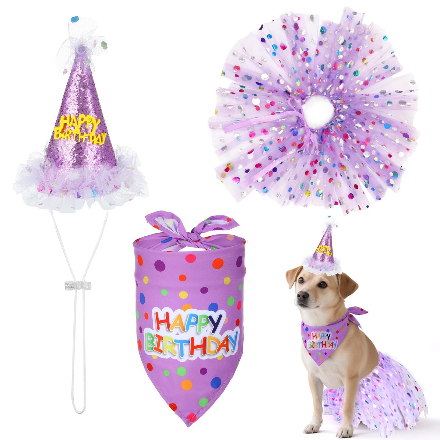 Dog Birthday Hat with Glitter Bandana Dress Set Puppy Birthday