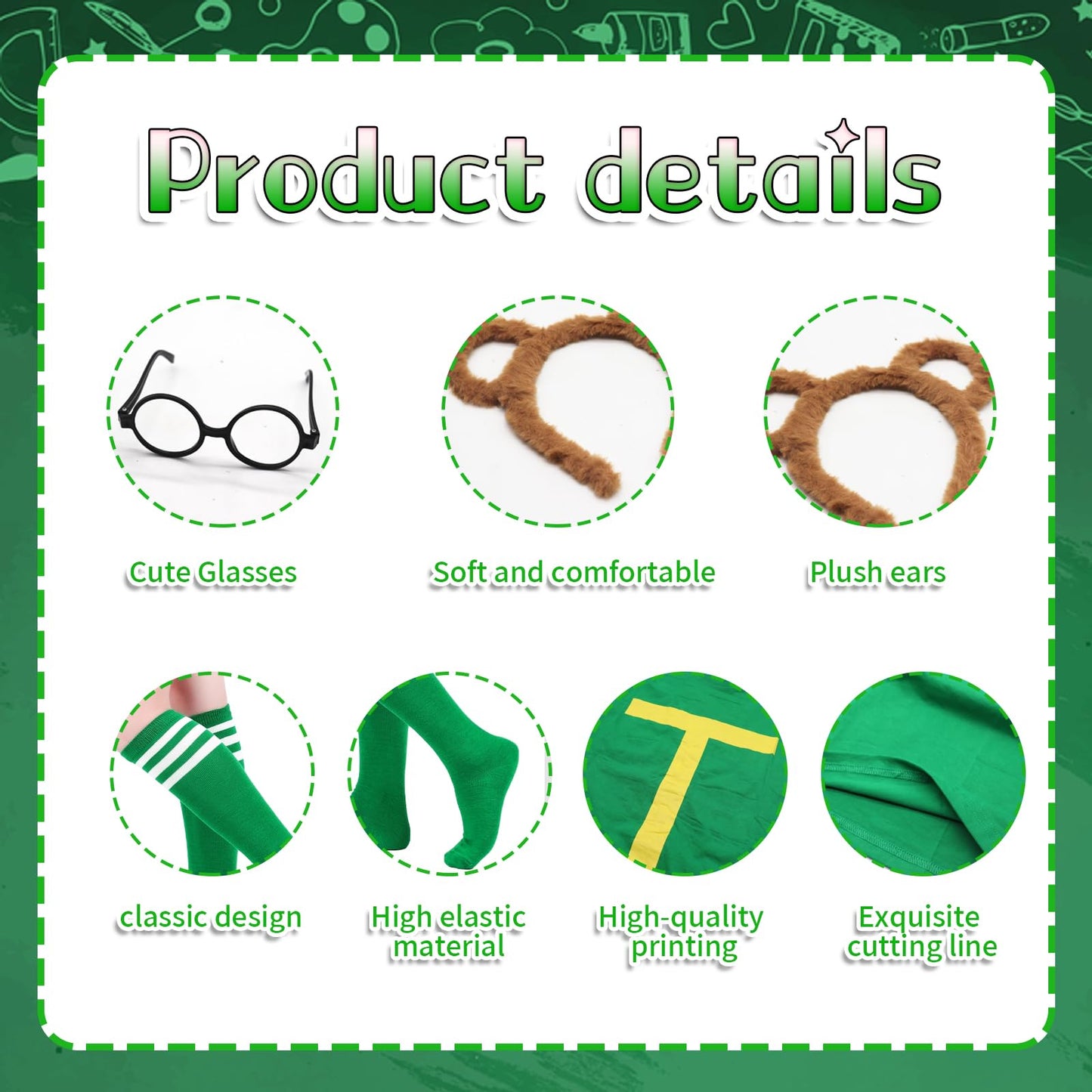 4Pcs Chipmunks Costumes Set with Chipmunk Headband Glasses T-shirt Soccer Socks, Chipmunks Fancy Dress Outfit Party Animal Cosplay for Adults Teens World Book Day Halloween Dress Up (Green, L)