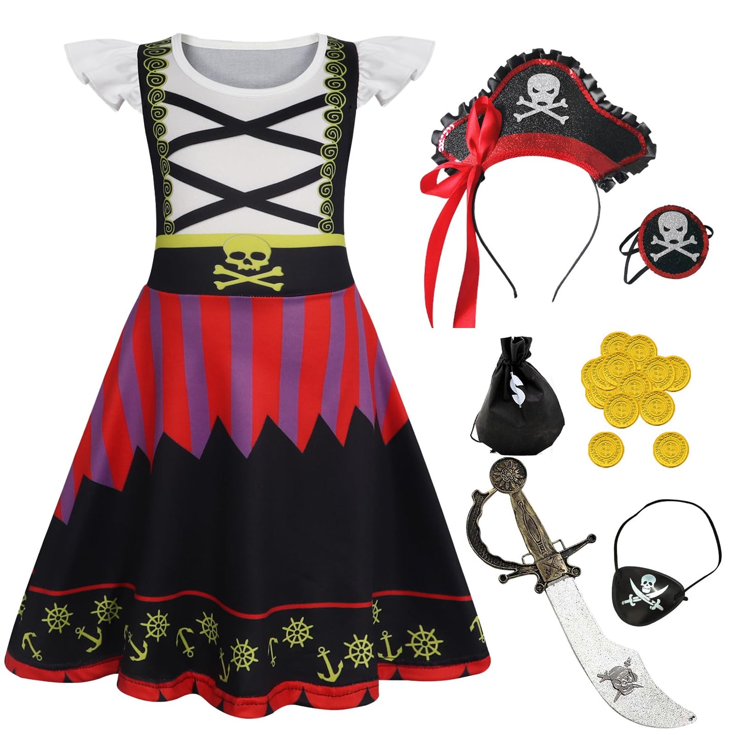 Berich Kids Pirate Fancy Dress Up Halloween Costumes for Girls World Book Day Outfit Therm Party Role Play Dress Up Pirate Accessories Sword Eye Patch Hat Girls Costume 5-6 Years, Size 130, Black