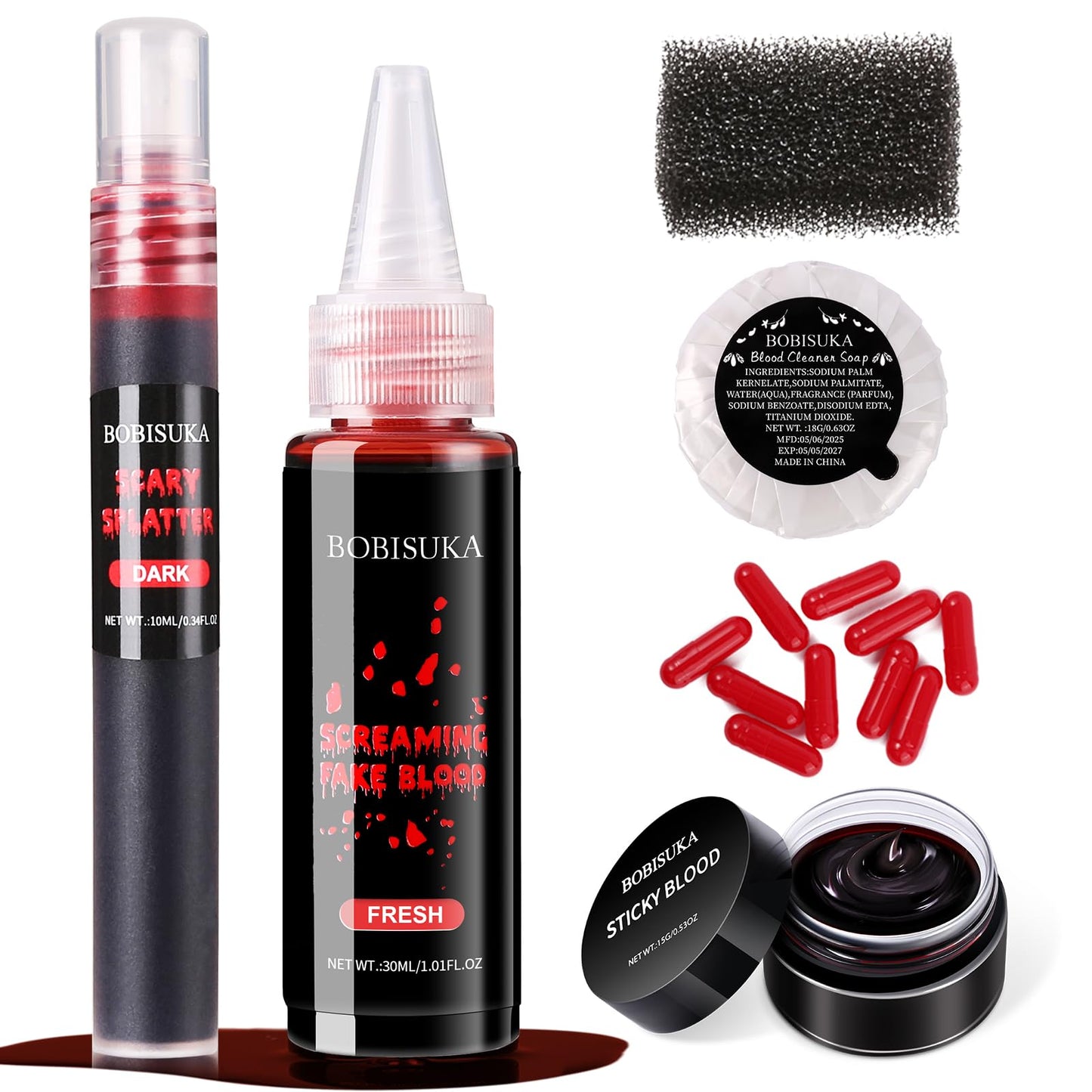Halloween Fake Blood SFX Makeup Kit – Fake Blood Spray, Dripping Blood, Coagulated Gel, 4 Wound Tattoos, Blood Capsules, Cleaner Soap – Realistic, Washable Makeup for Zombie/Vampire/Monster