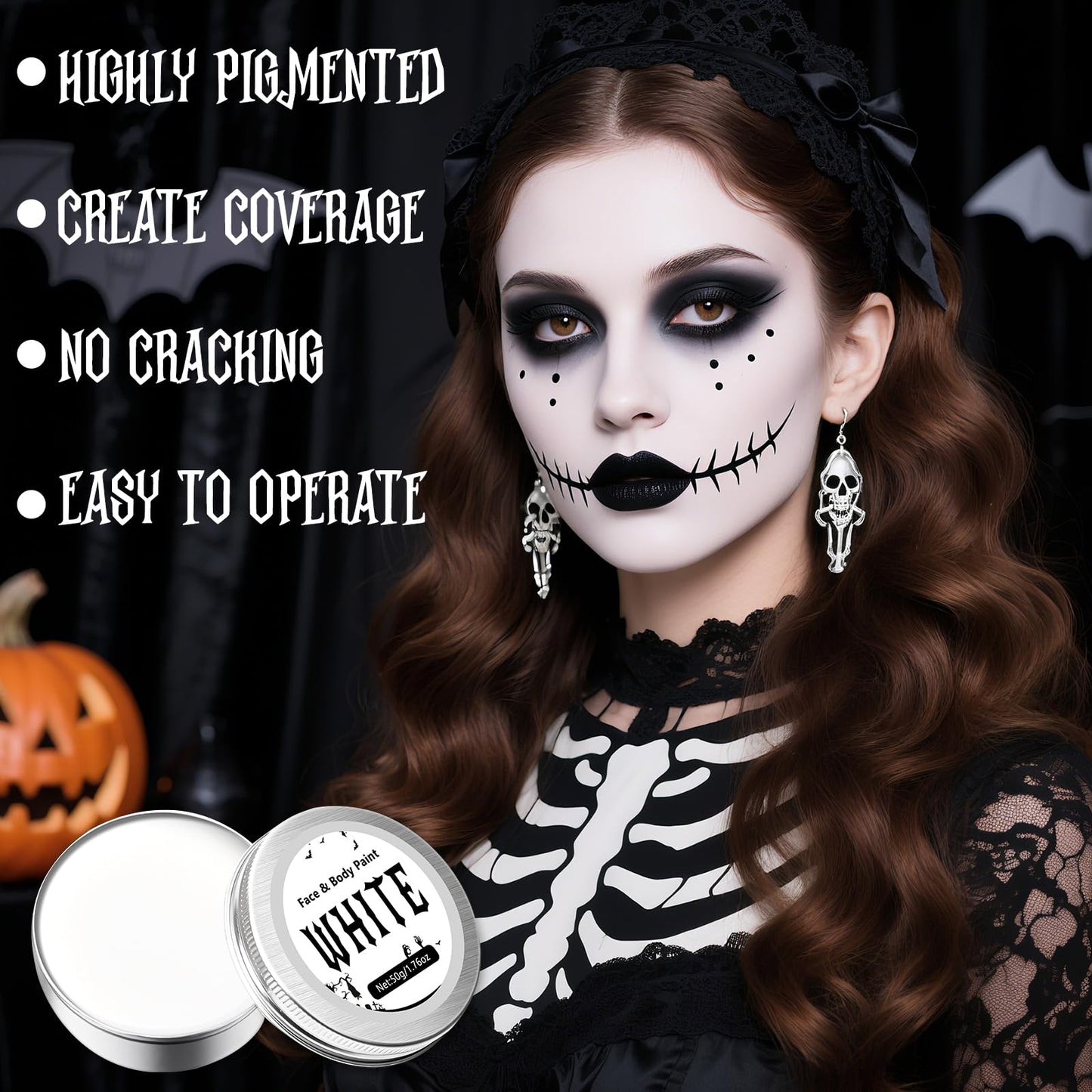 50g White Face Paint Halloween - 1.76oz Halloween Makeup Kit Kids Adults With Brushes, Professional Body Paint Set for Zombie Vampire Skeleton Joker Clown Witch Day of the Dead, Fancy Dress Festivals