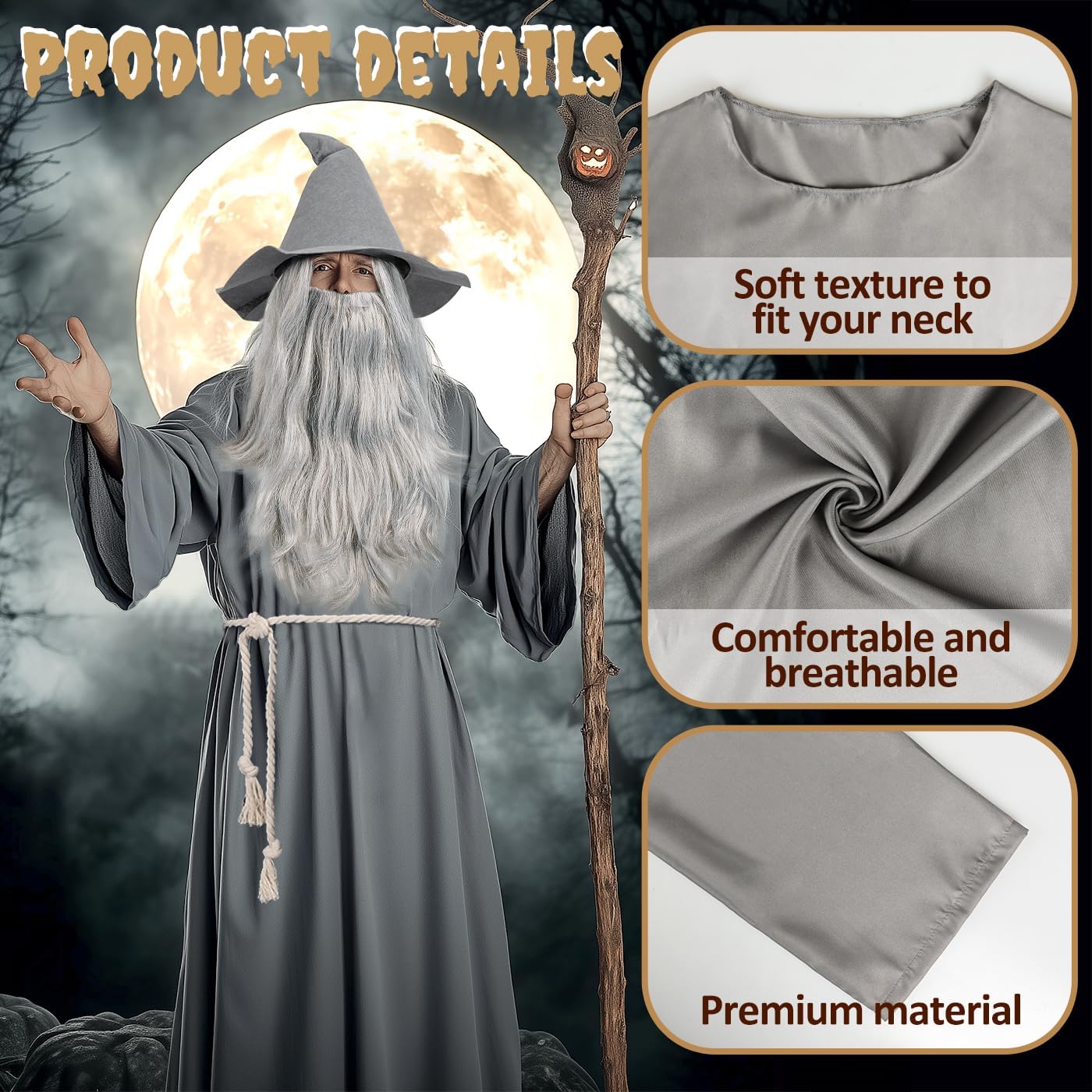 iZoeL World Book Day Costume Adult Teen Gray Wizard Costume Classic Old Wizard Outfit Book Character Dress-Up for Teacher Fancy Dress – Long Robe Hat Long Beard Wig Set