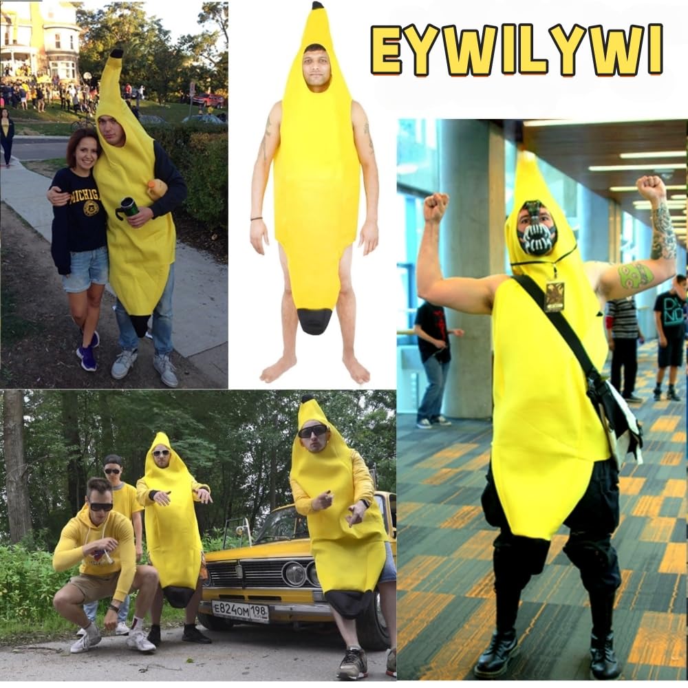 EYWILYWI Adult Banana Costume,Hilarious Yellow Banana Jumpsuit, Lightweight Comfortable Unisex Outfit for Halloween, Parties, Carnivals,Christmas,Perfect for Fun Themed Cosplay. (Yellow)