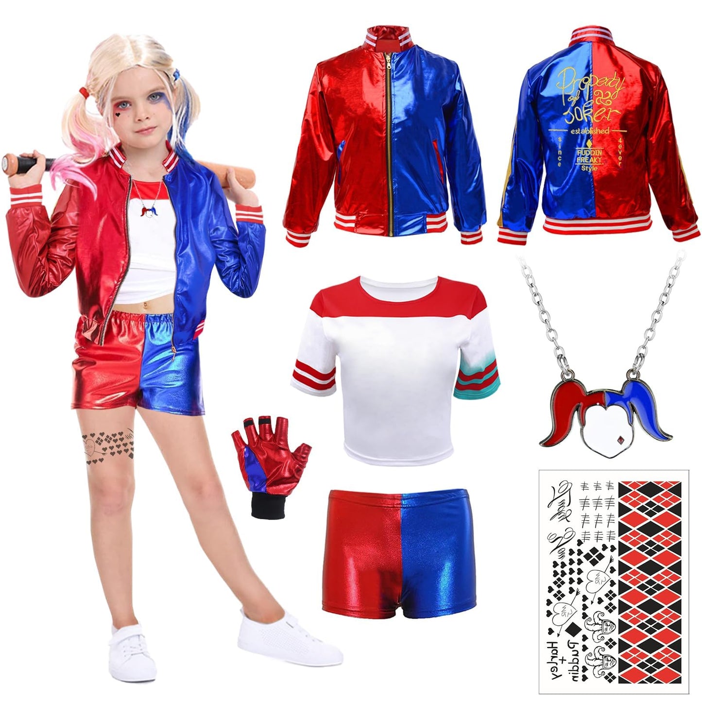 UxClishe 6 Pcs Costume Set, Costume Outfit Cosplay Fancy Dress with Jacket T-shirt Shorts Glove Necklace Temporary Tattoos Costume Kit for World Book Day Halloween Carnival Party