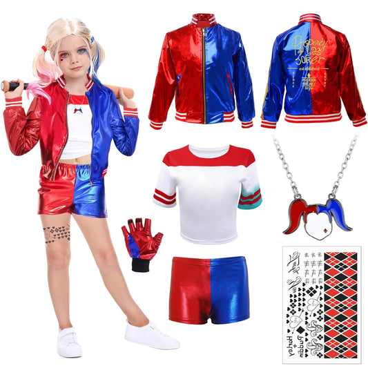 UxClishe 6 Pcs Costume Set, Costume Outfit Cosplay Fancy Dress with Jacket T-shirt Shorts Glove Necklace Temporary Tattoos Costume Kit for World Book Day Halloween Carnival Party