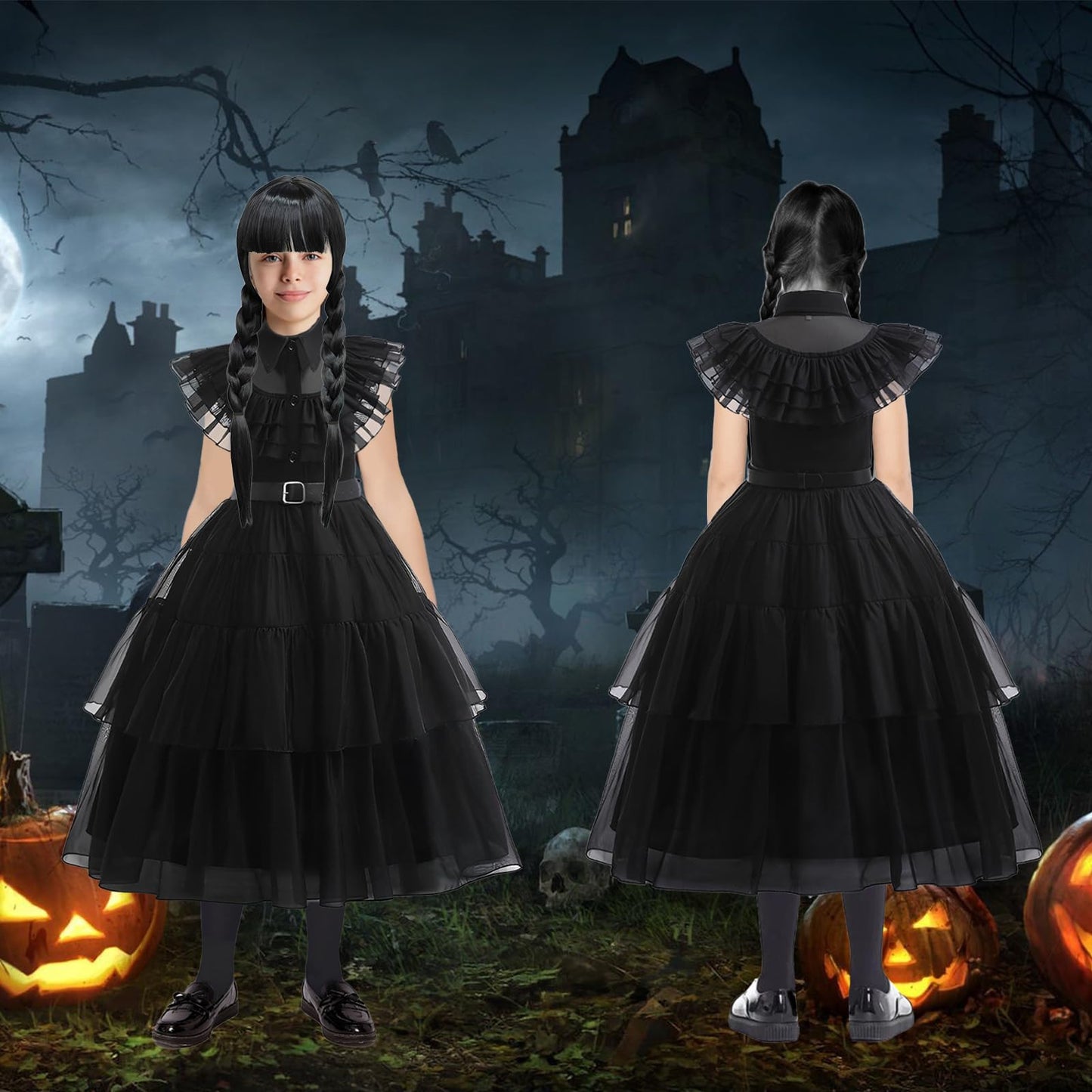 Kitimi Dress110 Black Gothic Dress Up Outfit for Girls, 3-11 Kids Theme Cosplay Costume Girls Party Fancy Dress Accessories with Wig Earrings Bag Socks for Carnival Halloween Party