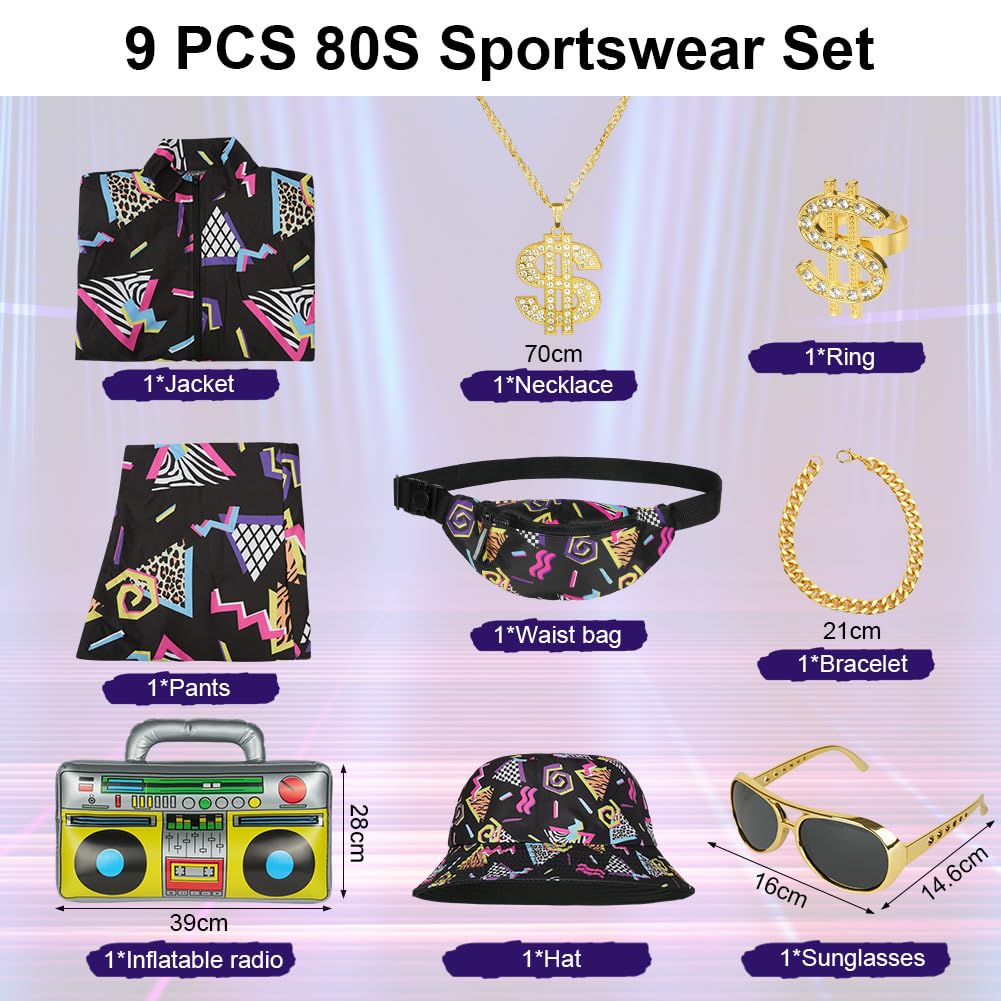 AYBUY 80s 90s Vintage Outfit for Men, 9 Pcs Retro Disco Outfit Set, Hip Hop Costume Outfit with Glasses and Jacket Hat for Disco Theme Party, Halloween, Music Festivals, Masquerade, Carnival (XL)