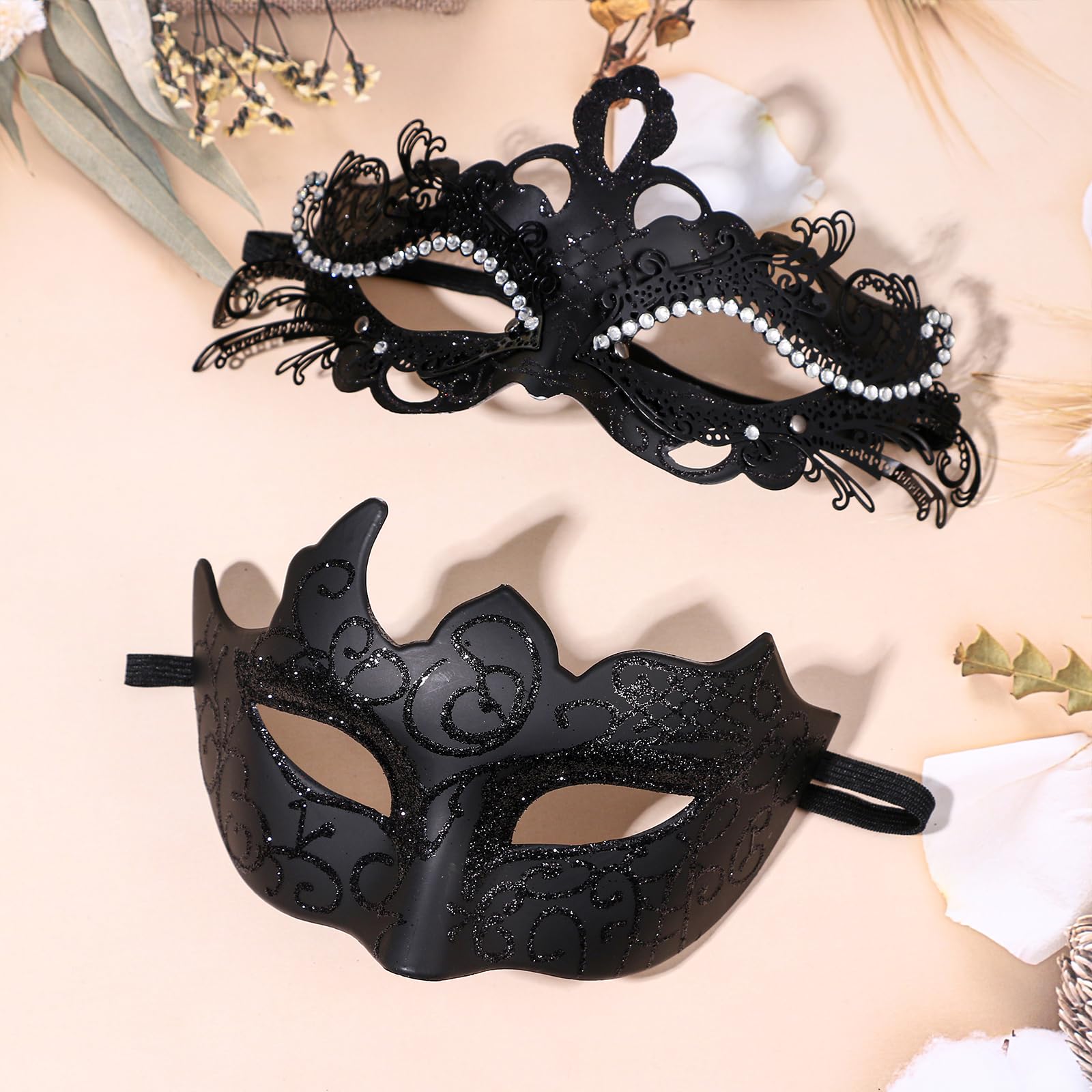 Masquerade Mask Couples Set: Black Rhinestones Metal Cosplay (image 6)