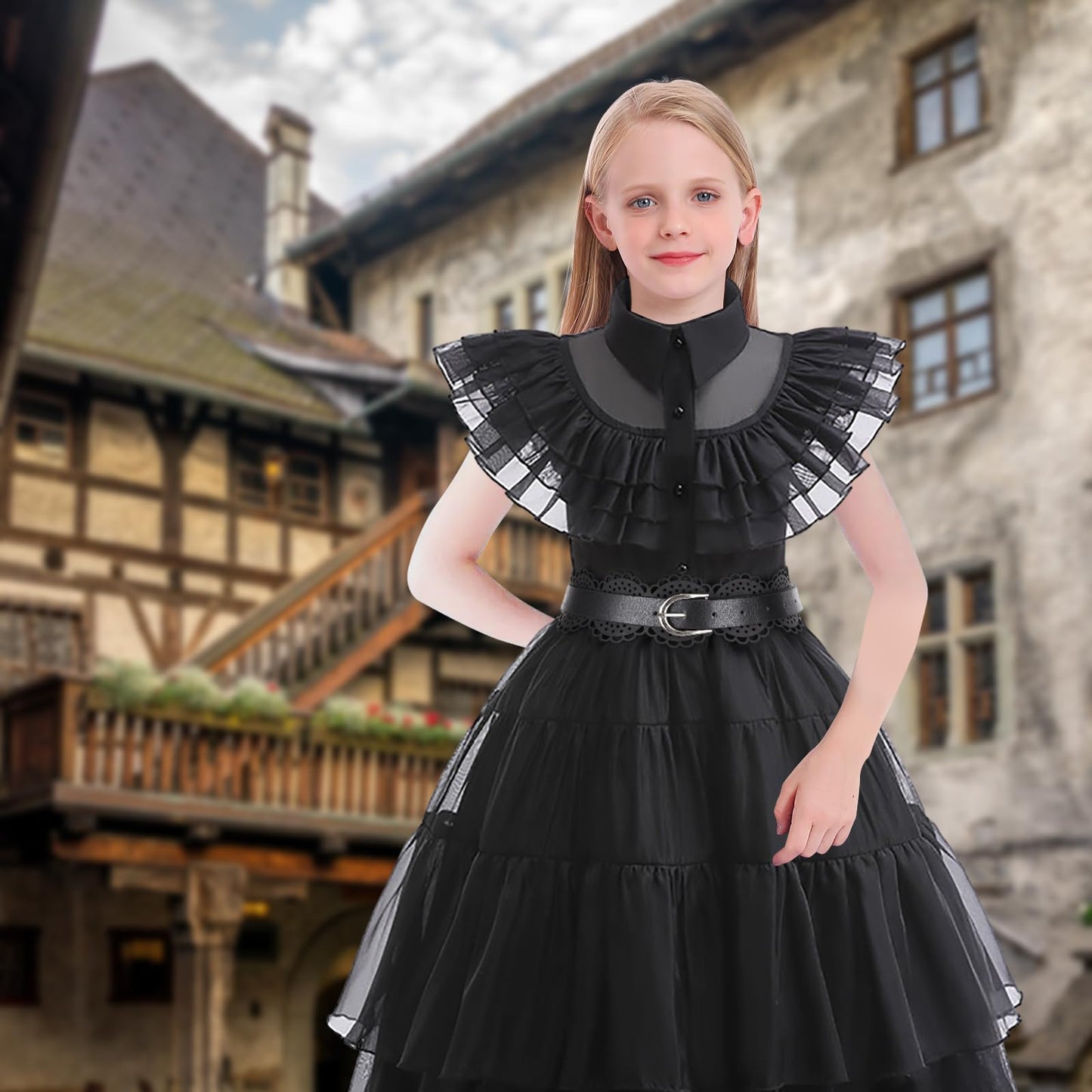 VIPten Dress for Kids Girls, Addams Family Cosplay Outfit Gothic Costumes for Halloween Birthday School Party (Black, 4-5 Years)
