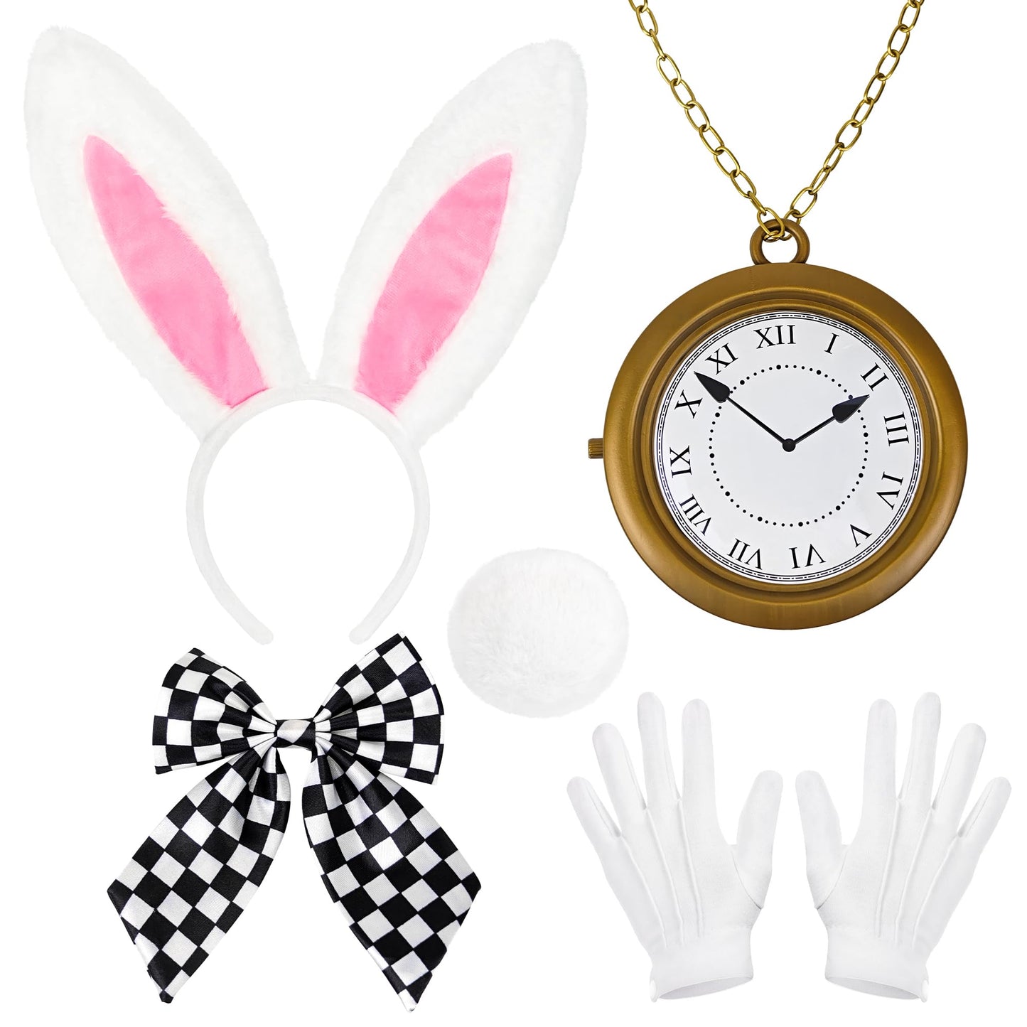 Amlisia 5 PCS White Rabbit Costume Accessories, Bunny Costume with Ears Headband and Tail Clock Bow Tie for Women Men for Easter World Book Day Book Character Dress up Halloween Cosplay