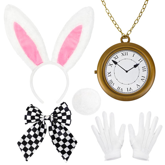 Amlisia 5 PCS White Rabbit Costume Accessories, Bunny Costume with Ears Headband and Tail Clock Bow Tie for Women Men for Easter World Book Day Book Character Dress up Halloween Cosplay
