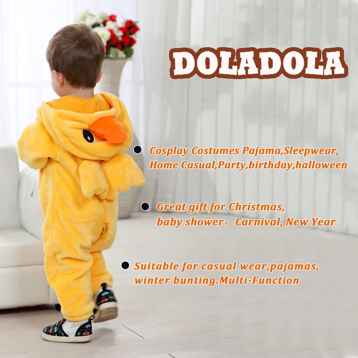 Doladola Unisex Baby Toddlers Romper Jumpsuit Hooded Cartoon Sleepsuits Infant Outfit (12-18 Months, Yellow Duck)