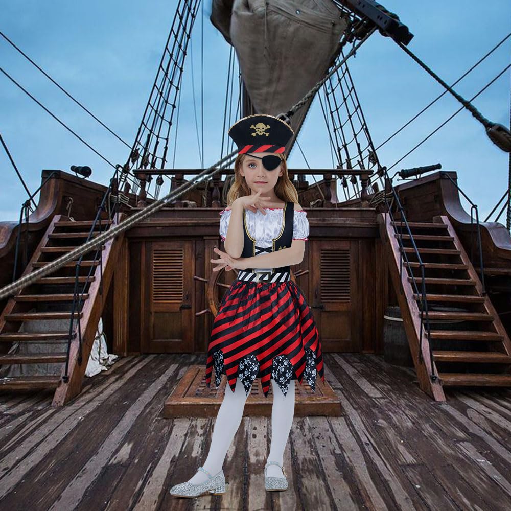Aomig Girls Pirate 3 Pcs Role Play Dress Up Set with Hat & Eye Patch, Pirate Outfit for Birthday Party & Halloween