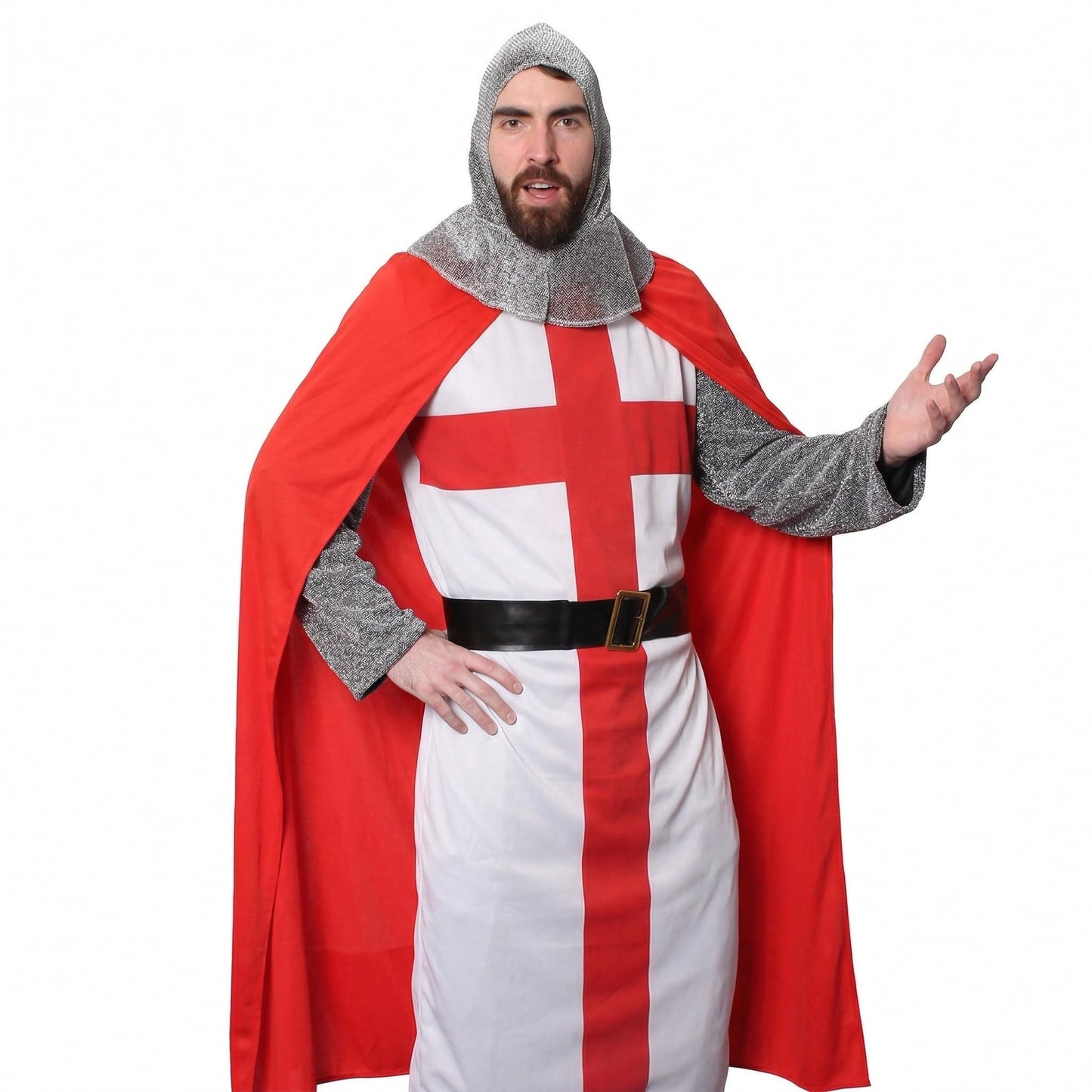 I LOVE FANCY DRESS Adults Knight Costume - XLarge - English Flag Tunic With Black Belt, Red Cape, Chain Mail Armour Headpiece - Perfect for Sporting Events, English Celebrations