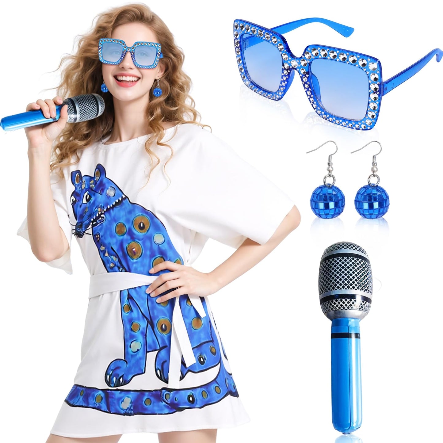 Kyndara 4Pcs Abba Costumes for Women, 70s Disco Fancy Dress Kit with 70s Vintage Dress Glasses Disco Ball Earrings Inflatable Microphone for Girls Theme Party Birthday Dance (Style-2, XL)