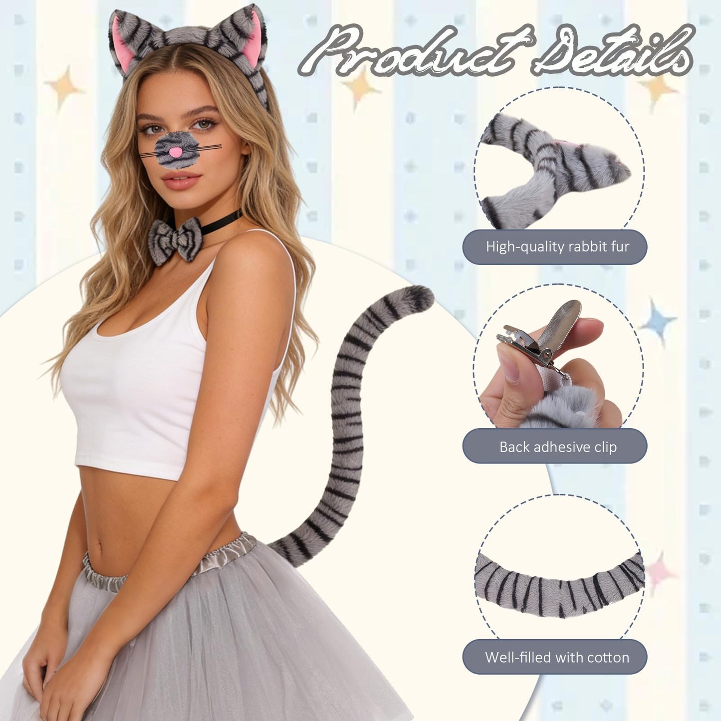 Cat Costume Set - Tabby Cat Costume Accessories with Grey Cat