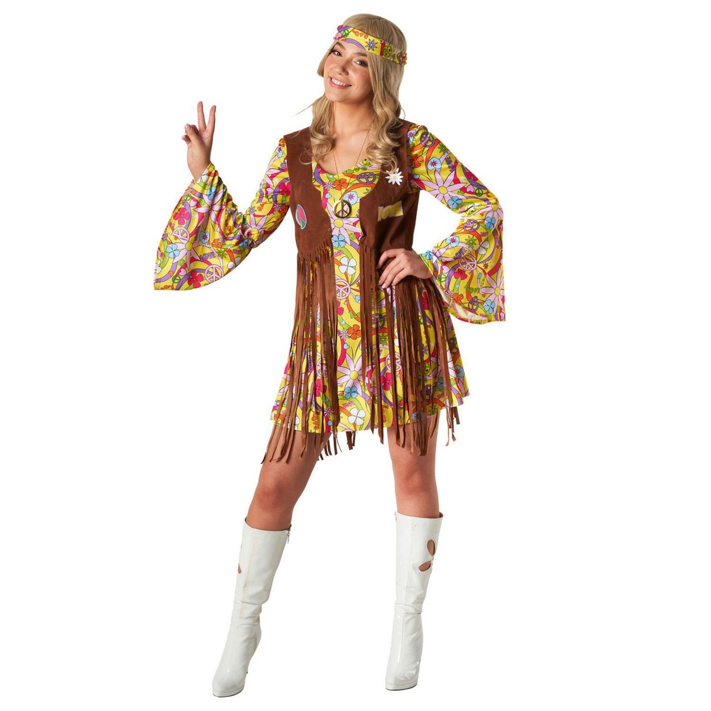 Morph Women's 70s Hippie Costume Yellow Dress With Separate Faux-Suede Vest And Headtie, Adult, Female, Plus Size, Halloween, Carnival