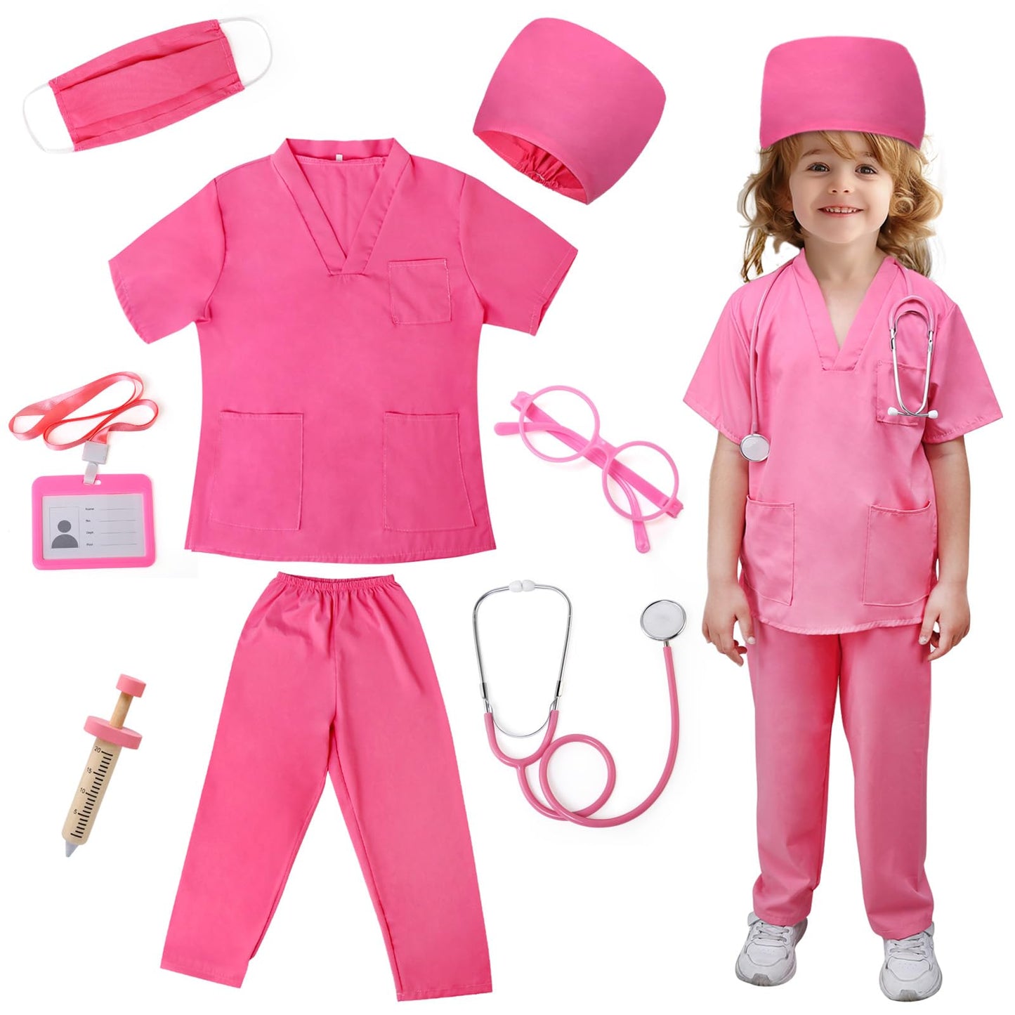 JoyPlus 8 Pcs Kids Doctor Costume Set,Nurse Suit Kit Uniform with Stethoscope, Doctor Costume for Kids,Doctors Outfit Set with Accessories,Nurse Dress Up Halloween Cosplay for Girls 3-10 Years Old (S)