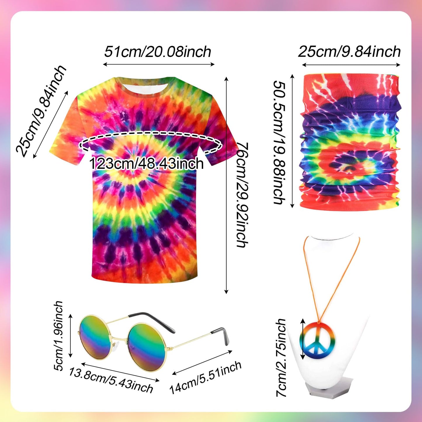 SAIIURV 4 Pcs Hippie Costumes T-Shirt, Sunglasses Peace Necklace Headband, Mens & Womens Pop Hippie 70s Disco, Rock Star Party, 1980s Fancy Dress for Retro Theme Party Cosplay Dress Up(Multicolor)