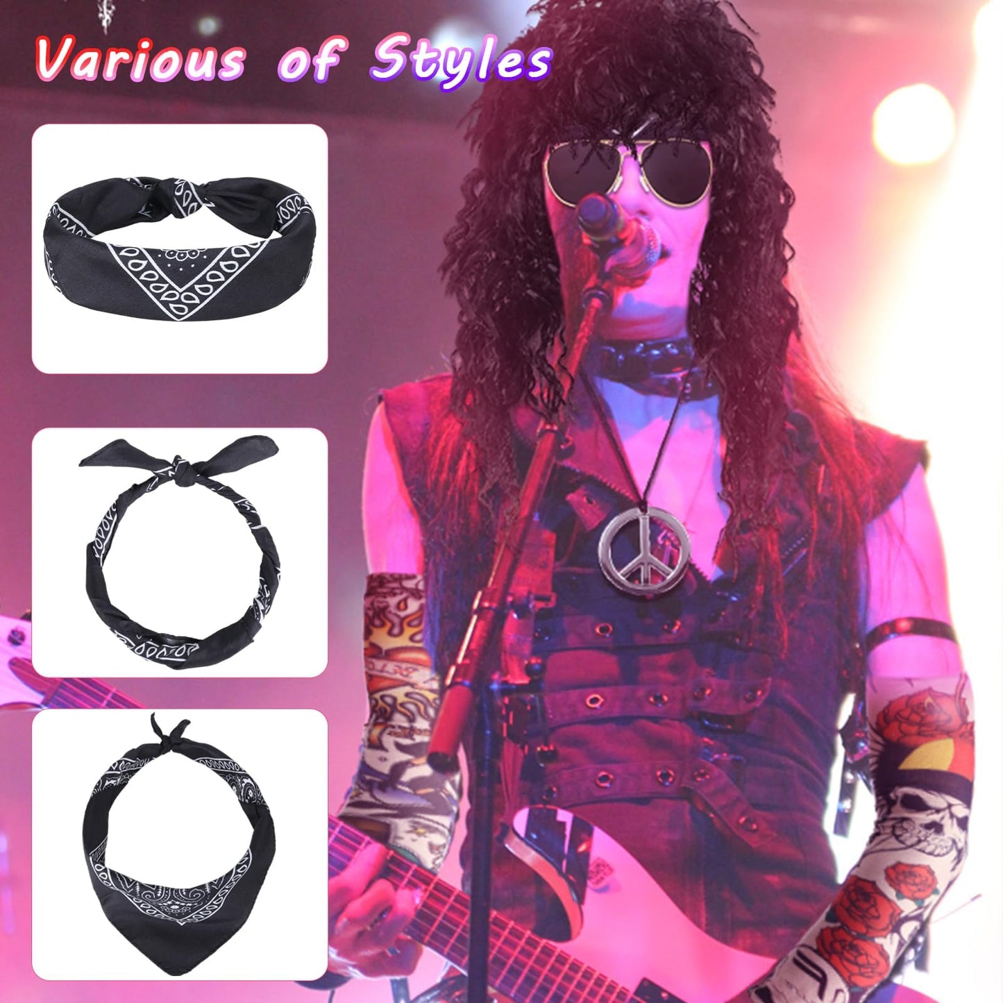 8 Pcs Rockstar Fancy Dress, Glam 80s 90s Men Costume Outfit with Heavy Metal Wigs Vintage Headband Sunglasses Gloves Tattoo Sleeves Necklaces Rock Hard Rocker Accessories World Book Day Costumes