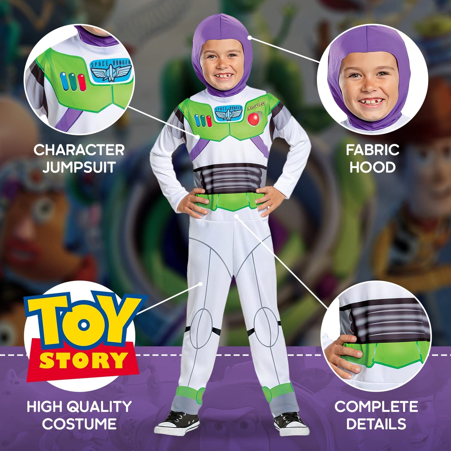 Disney Official Classic Buzz Lightyear Costume Kids, Buzz Lightyear Dress Up Onesie, Toy Story Dress Up Costume Fancy Dress, World Book Day Costumes, For 7-8 Years