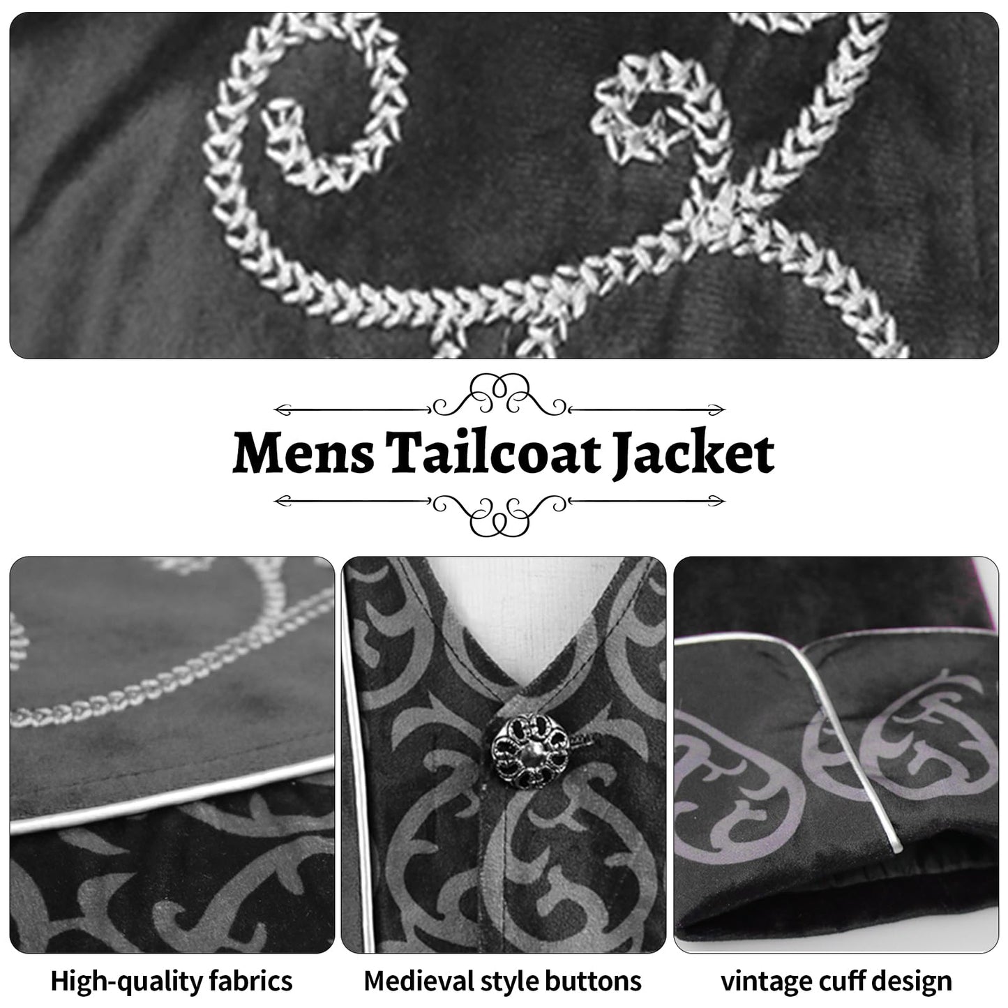 KGIHPC Men's Steampunk Vintage Tailcoat Jacket Medieval Gothic Victorian Frock Uniform Halloween Costume (UK, Alpha, XL, Regular, Regular, Black)