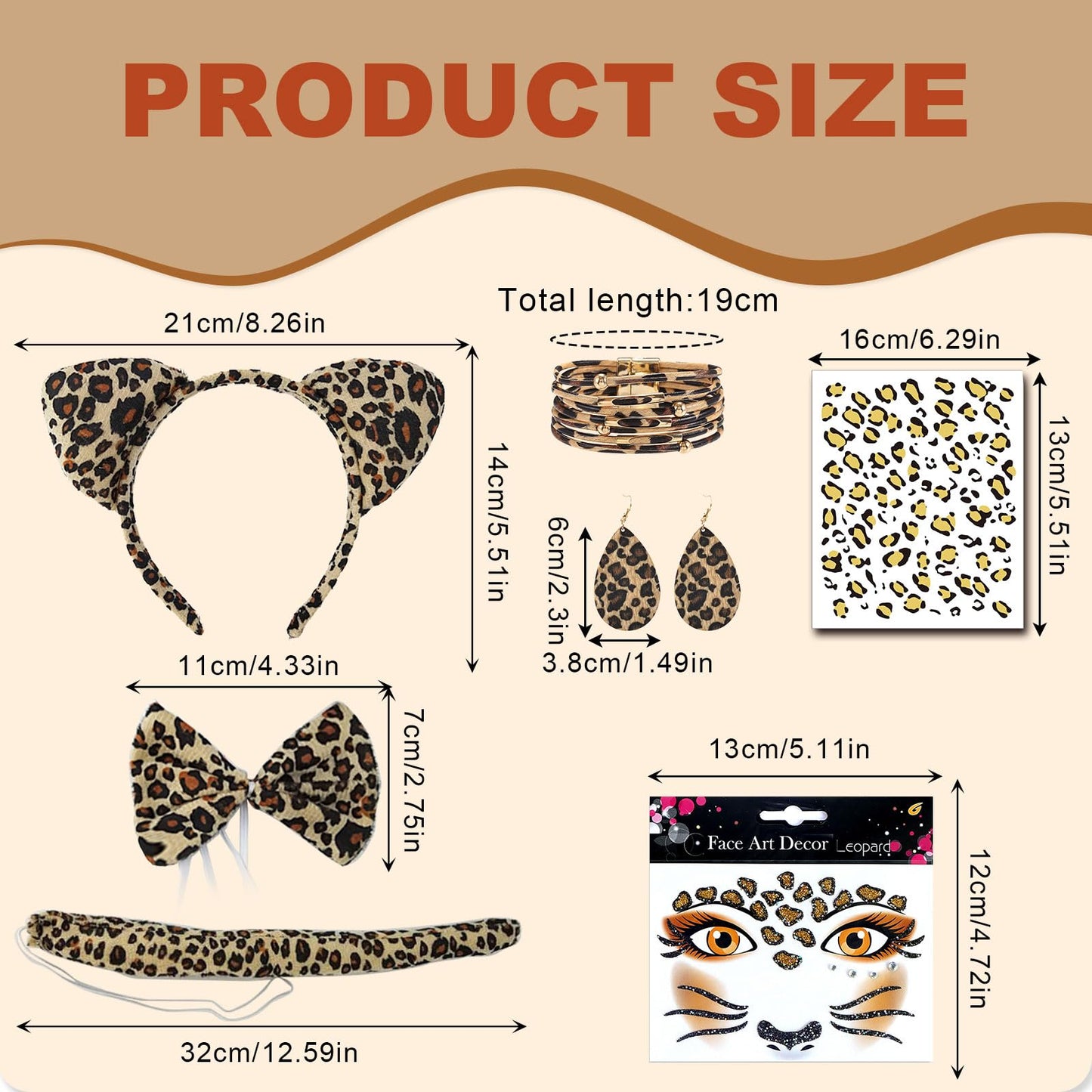 Leopard Print Costume Set - Leopard Face Art Sticker Ear Headband
