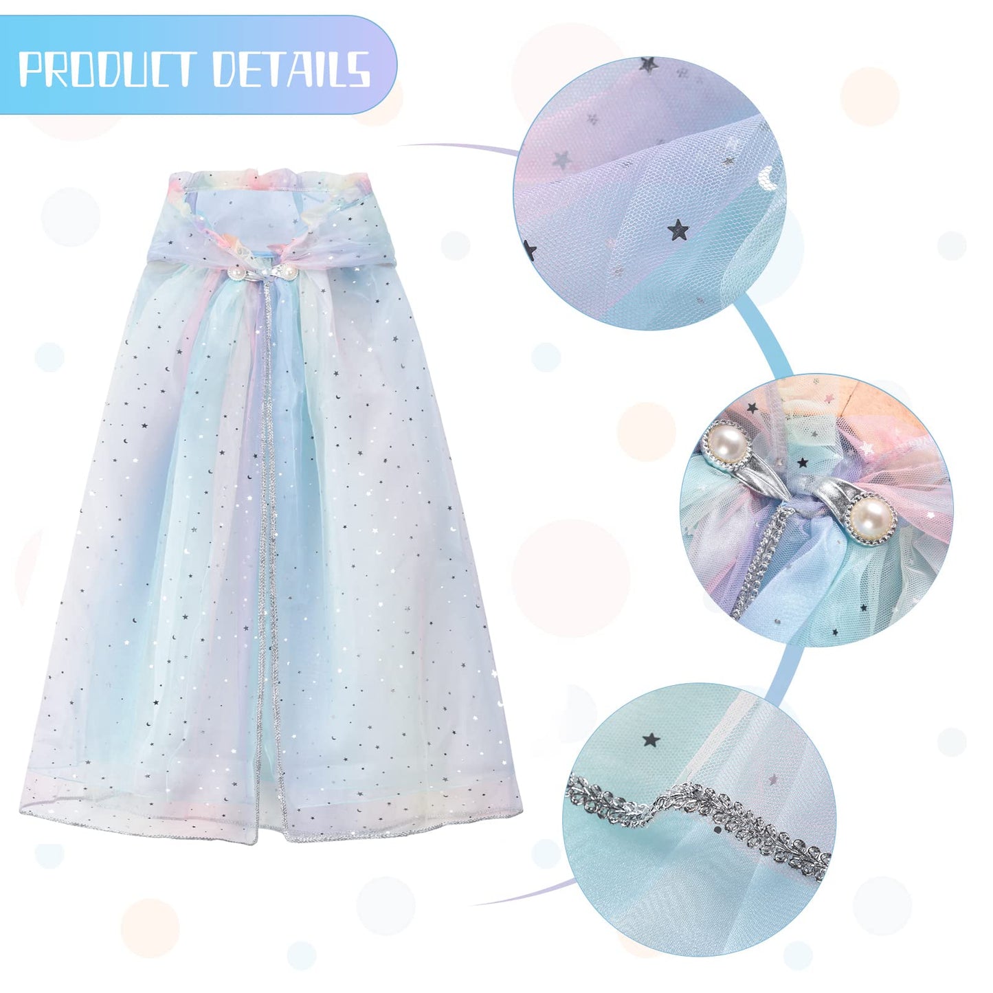 XEPST Princess Hooded Cape Colorful Cloak, Fancy Dress Accessories Sparkling Sequins Cape Princess Dress Up for Girl’s Halloween Costume Birthday Party Cosplay