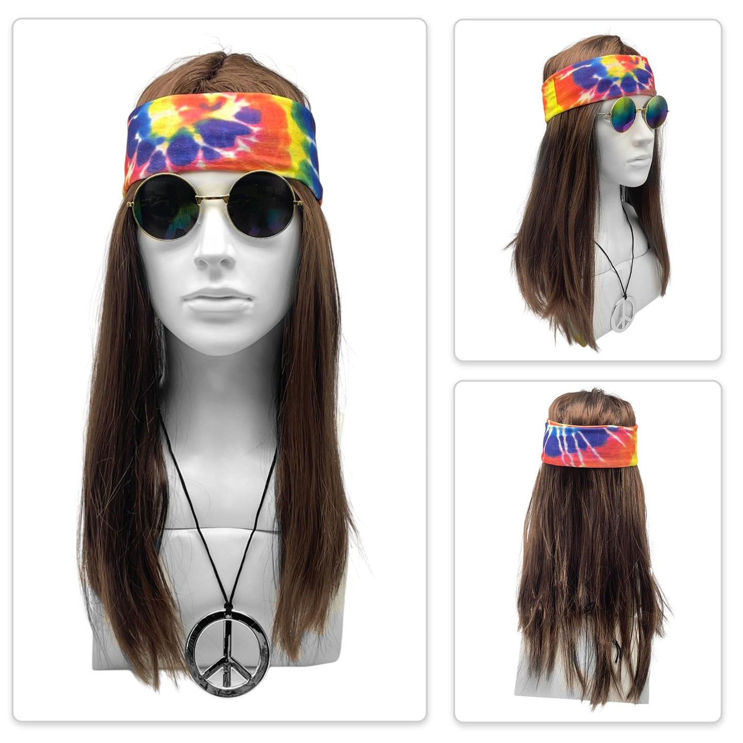 UILYNIU 4 Piece Hippie Accessories Set Disco Hippie Costume 60s 70s 80s Wigs Brown Wigs Sunglasses Peace Necklace Headband Men's Fancy Dress Hippy Accessories Retro Men Women for Cosplay Party (4 Pcs)