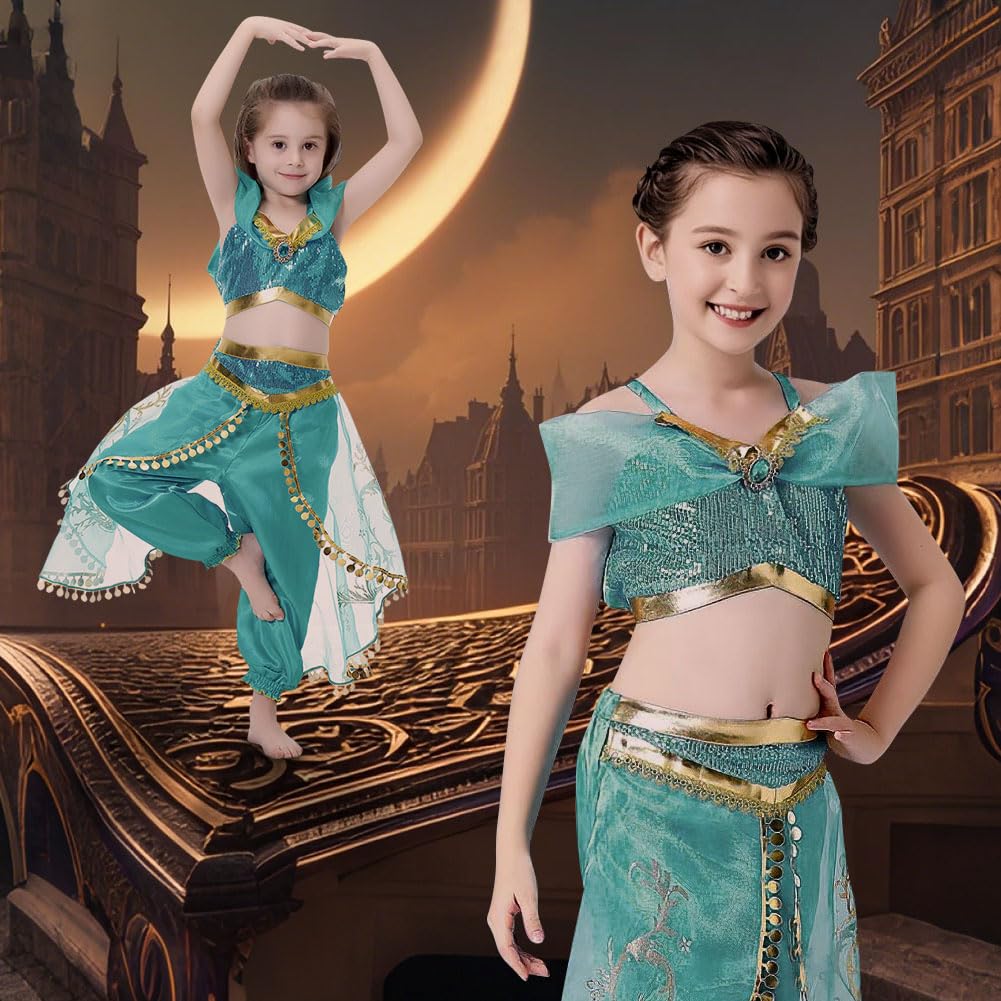 BSBUY Jasmine Princess Costume for Girls Two-Piece Sequined Dress Up, Aladdin Themed Outfit for Birthday Halloween Party Carnival Cosplay