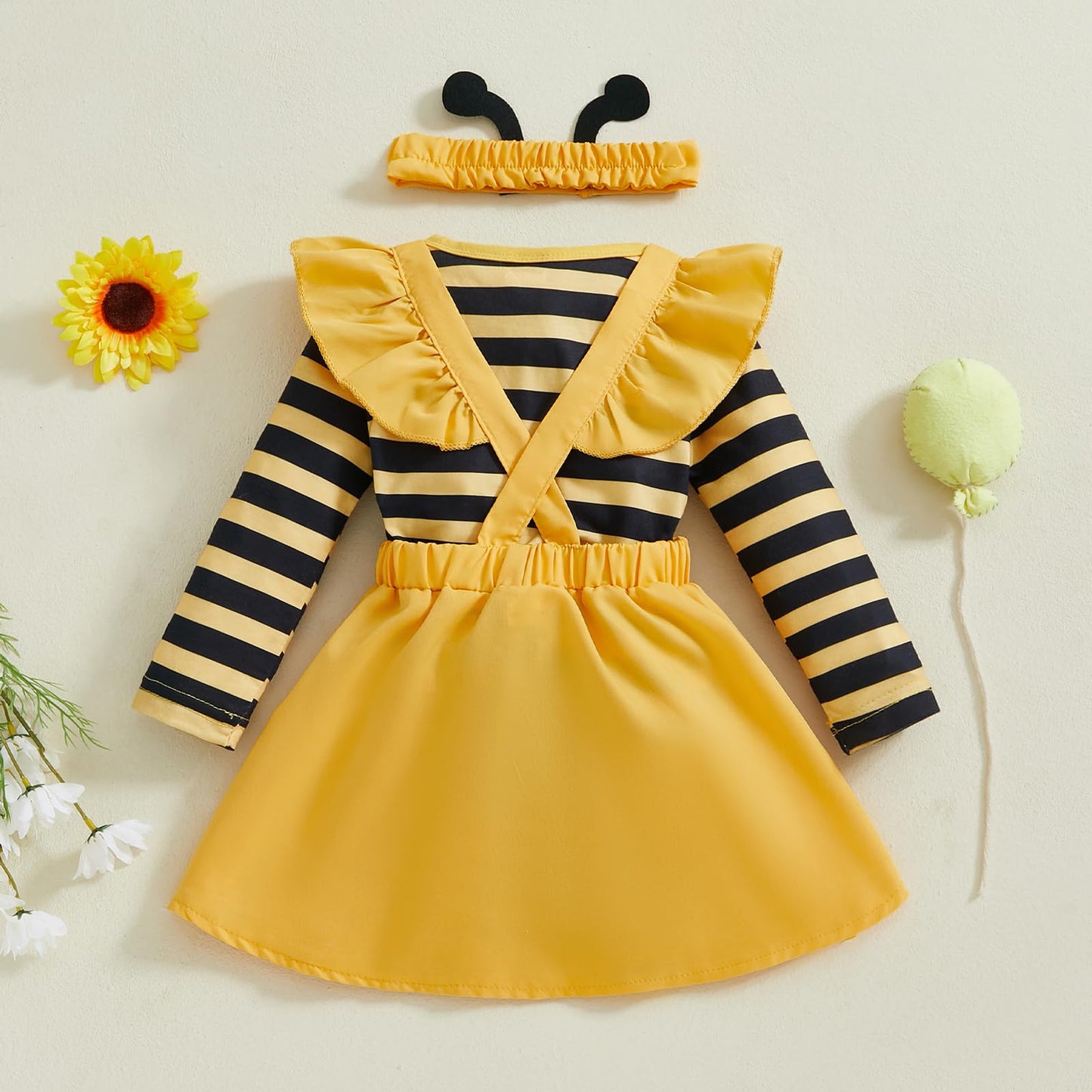 CocMouse Infant Girl Fall Outfits Baby Girl Romper Cartoon Bee Ruffle Suspender Skirt Bow Headband 3 Pcs Set 0-18 Months (Yellow, 0-3 Months)
